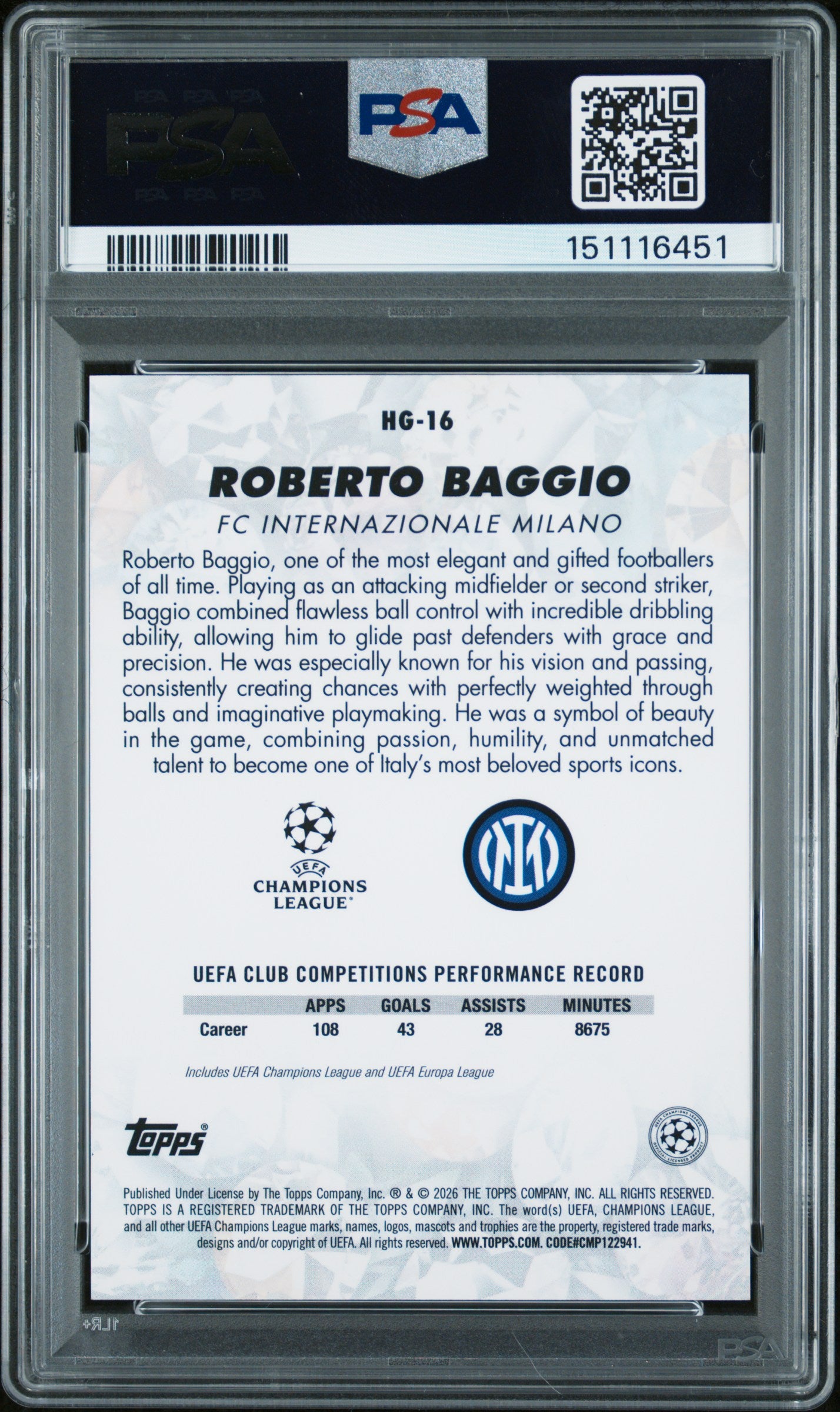 2025-2026 Topps UEFA Club Hidden Gems Roberto Baggio #HG-16 Amber PSA 9