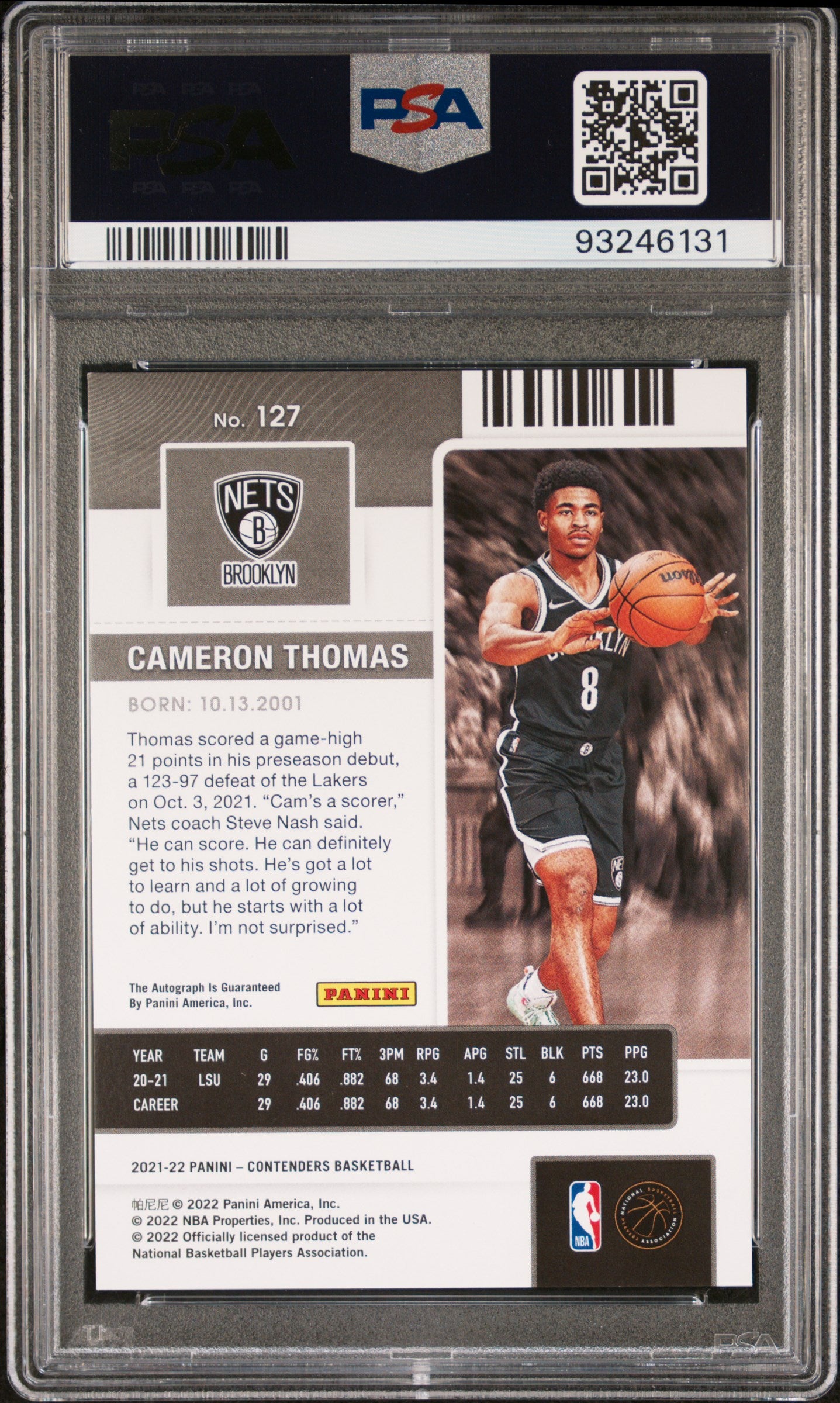 2021 Panini Contenders Cameron Thomas #127 Autograph PSA 8 Auto 10