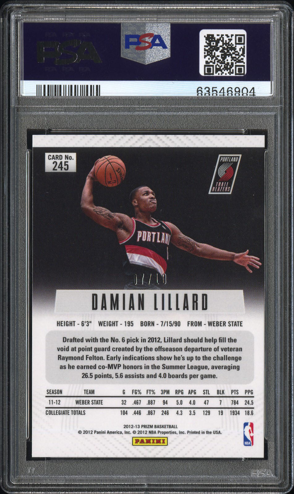 2012 Panini Prizm Damian Lillard #245 Gold Prizm /10 PSA 10