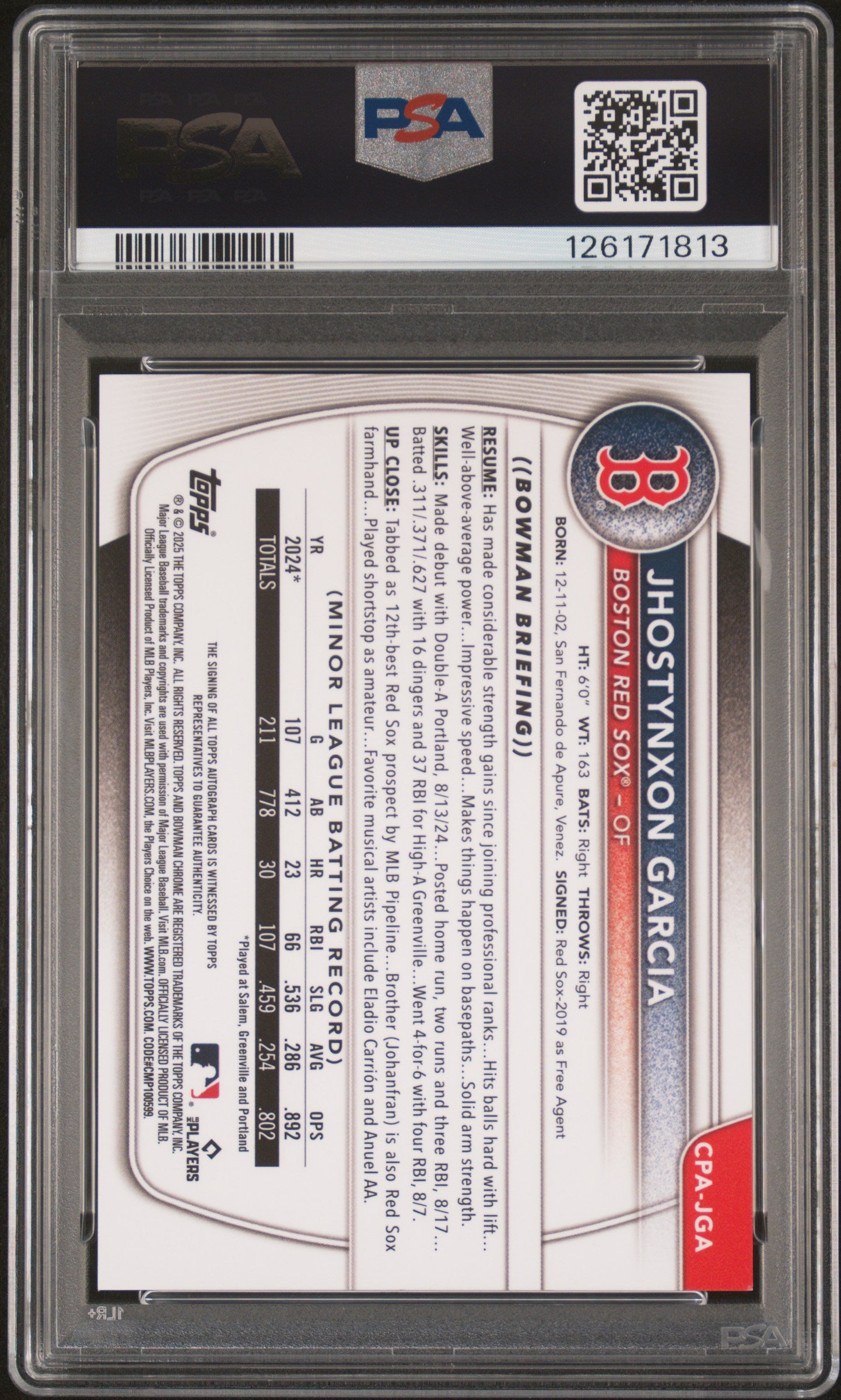 2025 Bowman Chrome Prospect Autographs Jhostynxon Garcia #CPAJGA Mini Dia /100 PSA 9