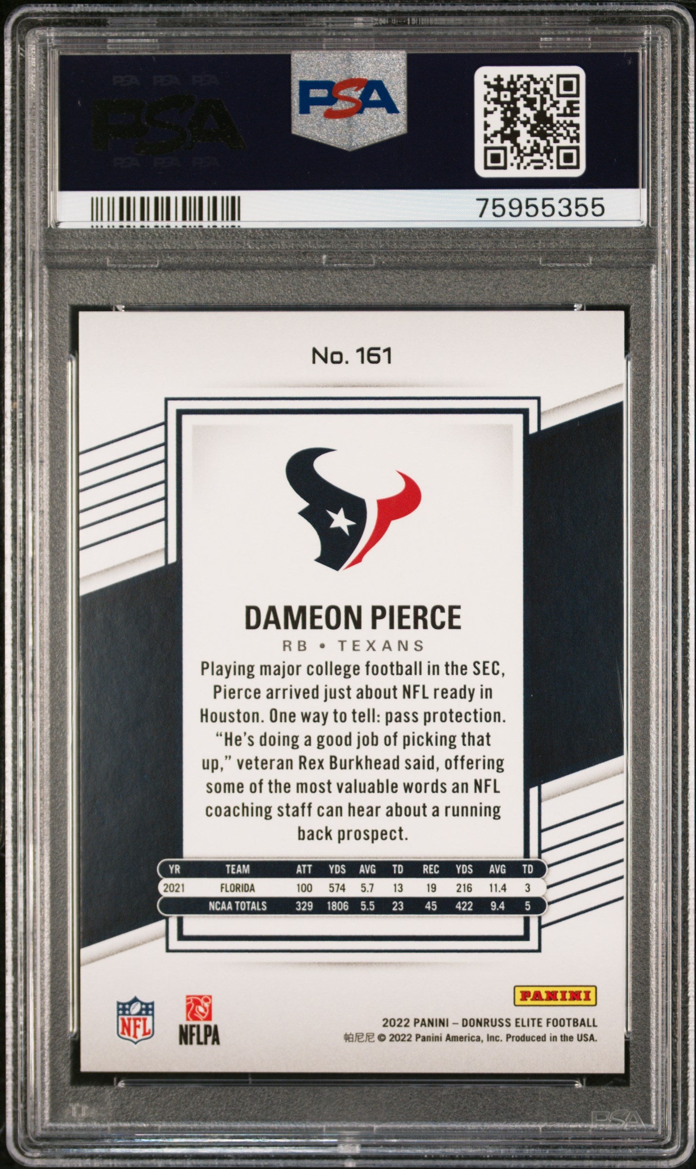 2022 Panini Donruss Elite Dameon Pierce #161 Blue 01/10 PSA 9