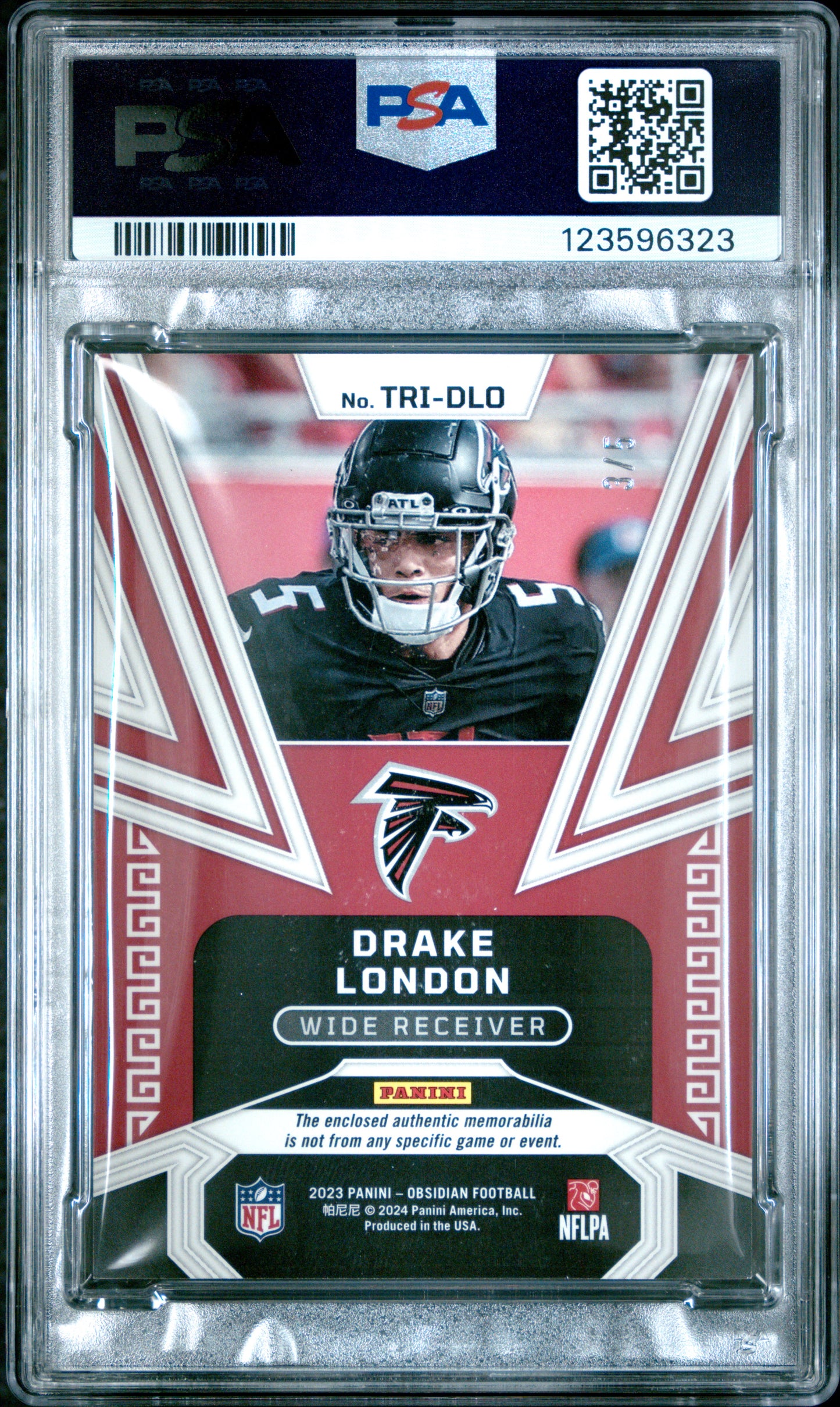 2023 Panini Obsidian Trifecta Swatches Drake London #TRI- SWT Ee Purple /5 PSA 8