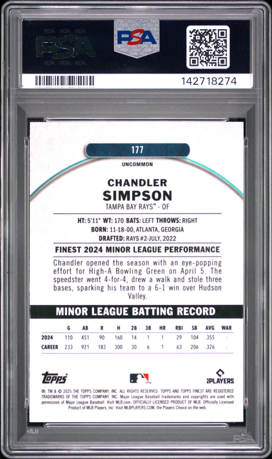 2025 Topps Finest Chandler Simpson #177 Sky Blue Refractor PSA 9