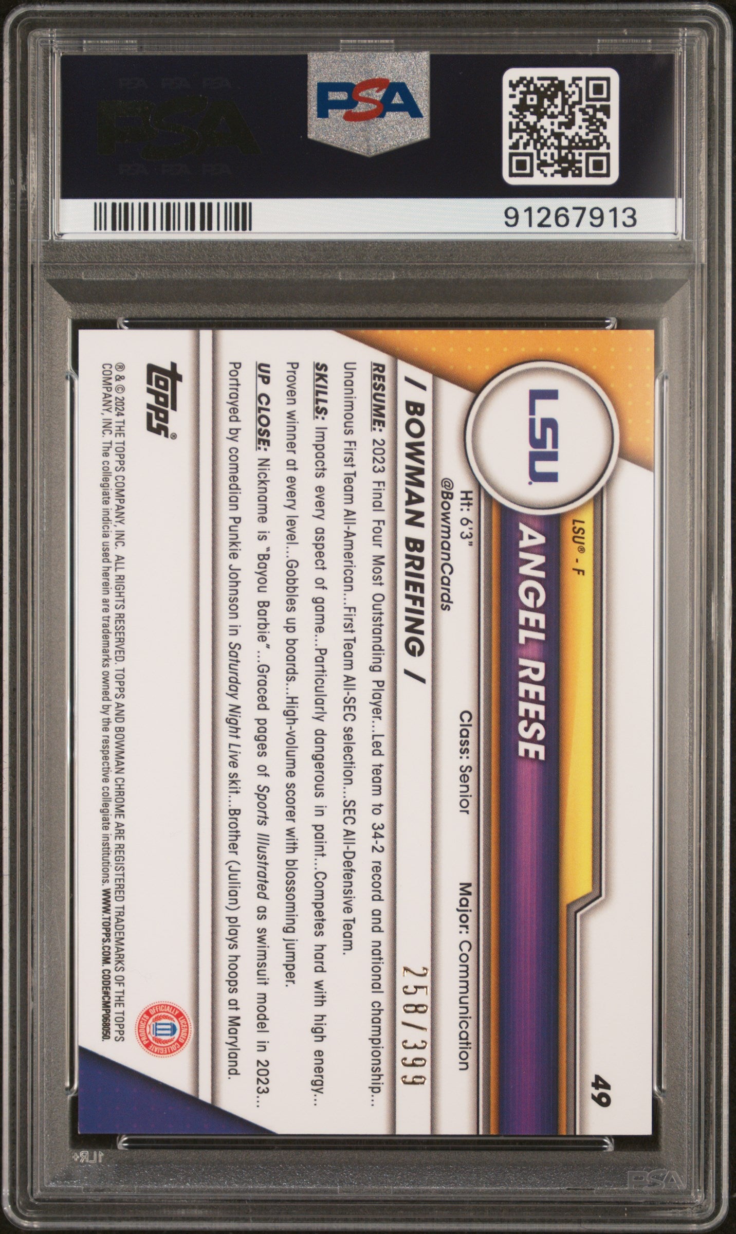 2023 Bowman University Chrome Angel Reese #49 Purple Mini Diamond 258/399 PSA 10