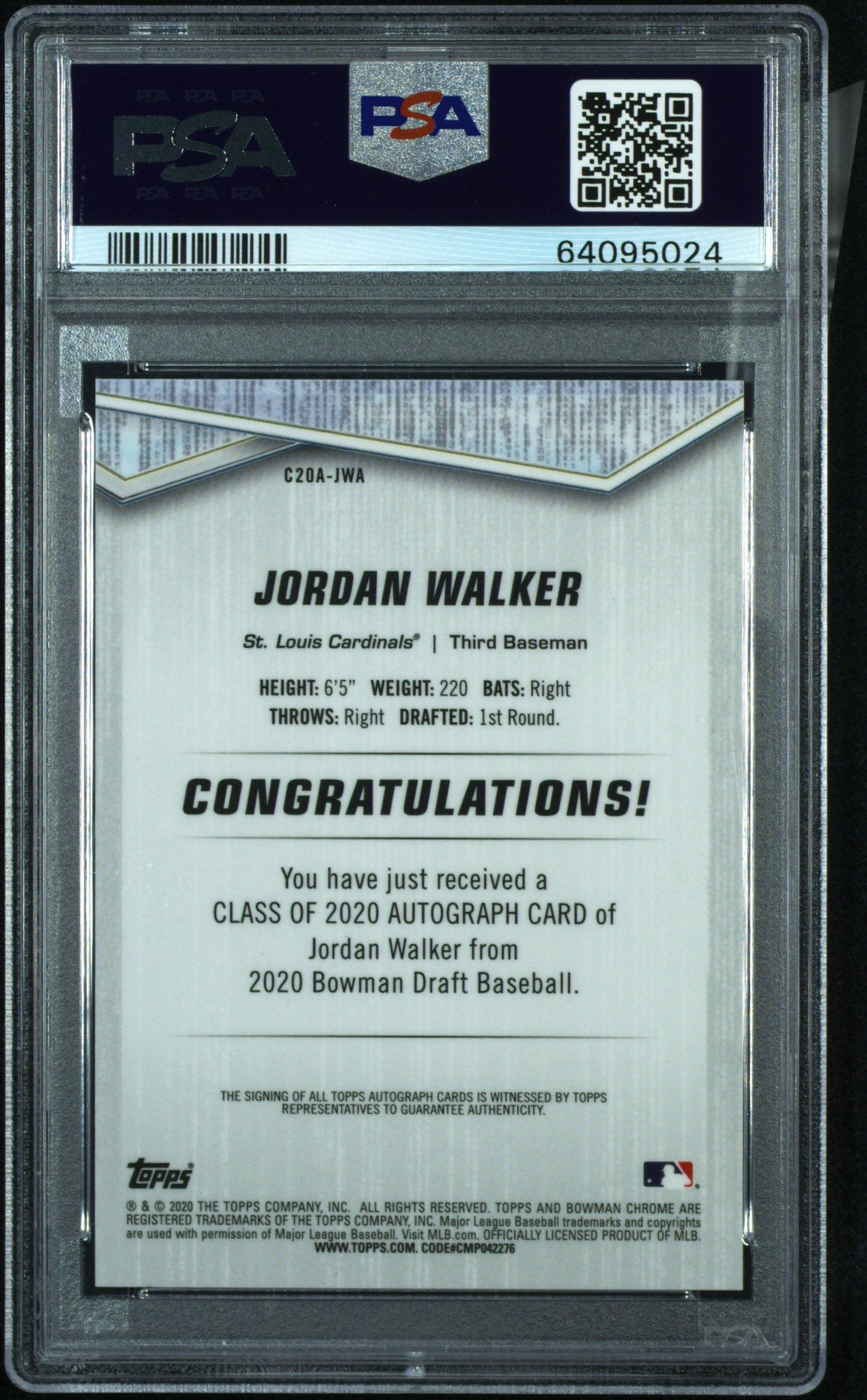 2020 Bowman Draft Class Of 2020 Autographs Jordan Walker #C20AJWA PSA 9