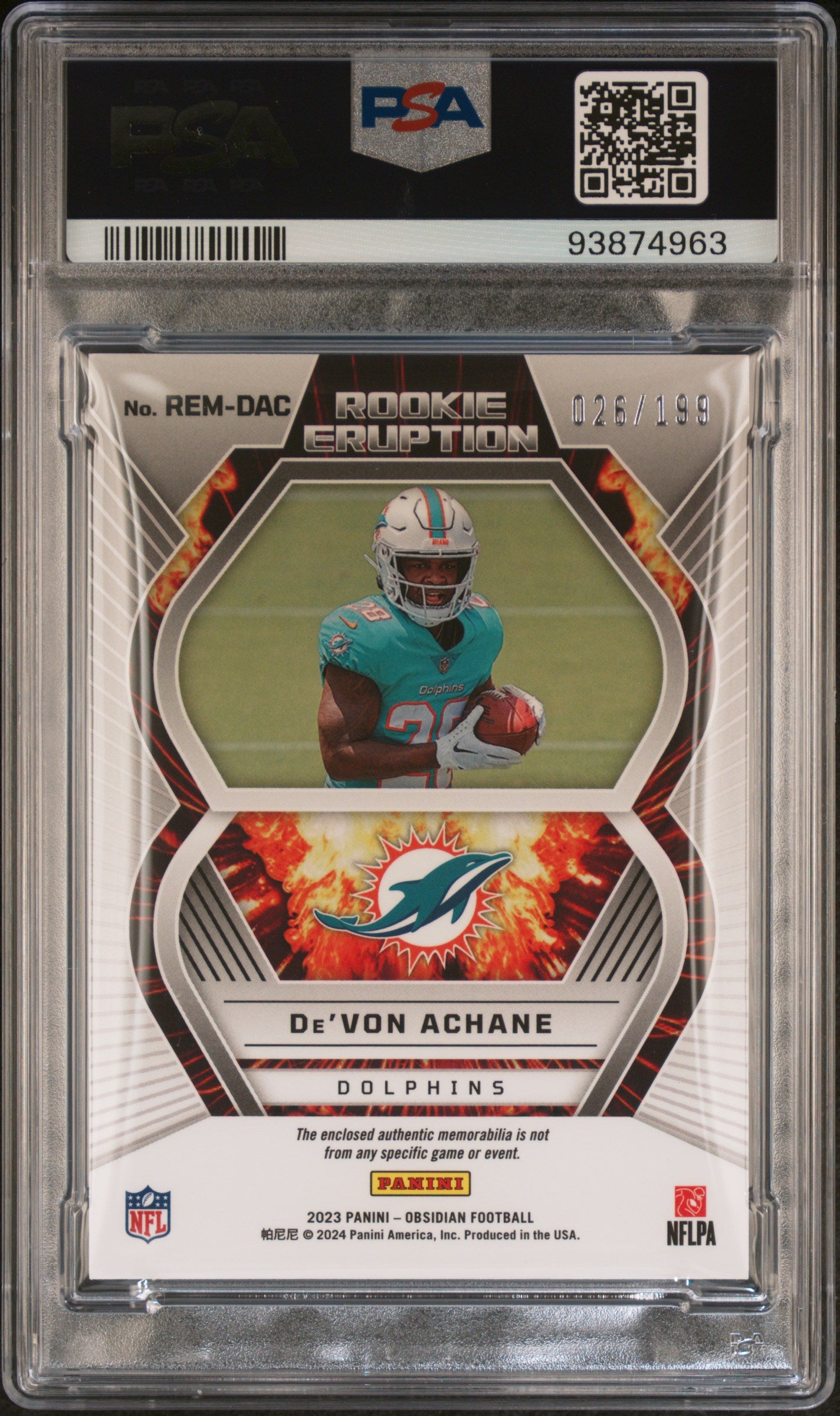 2023 Panini Obsidian Rookie Eruption Materials De'von Achane #REMDAC PSA 9