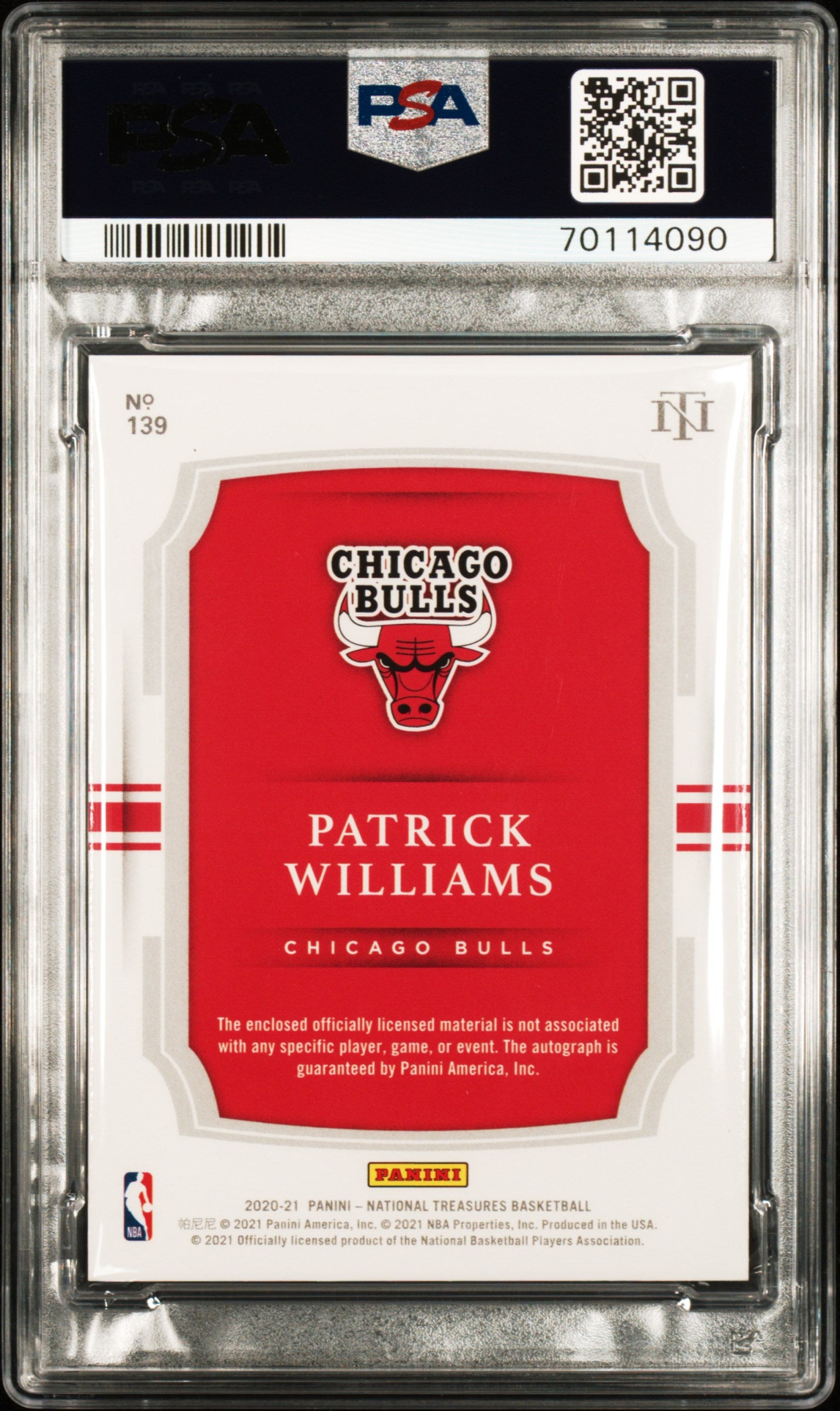 2020 National Treasures Patrick Williams Rookie Patch Auto Nike Blue PSA 9 RPA