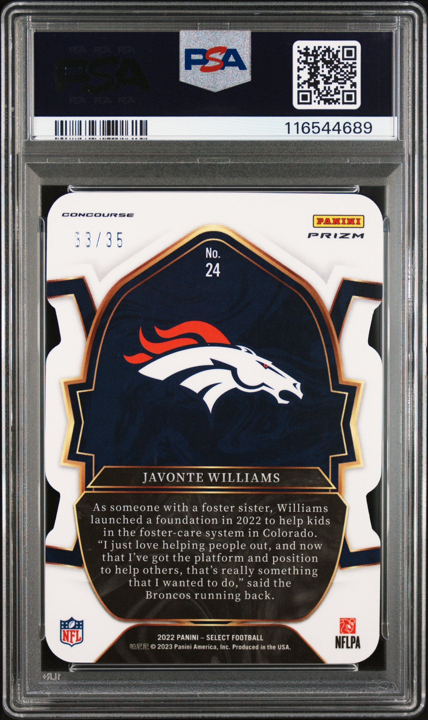 2022 Panini Select Javonte Williams #24 Die Cut Blue Orange Prizm PSA 10