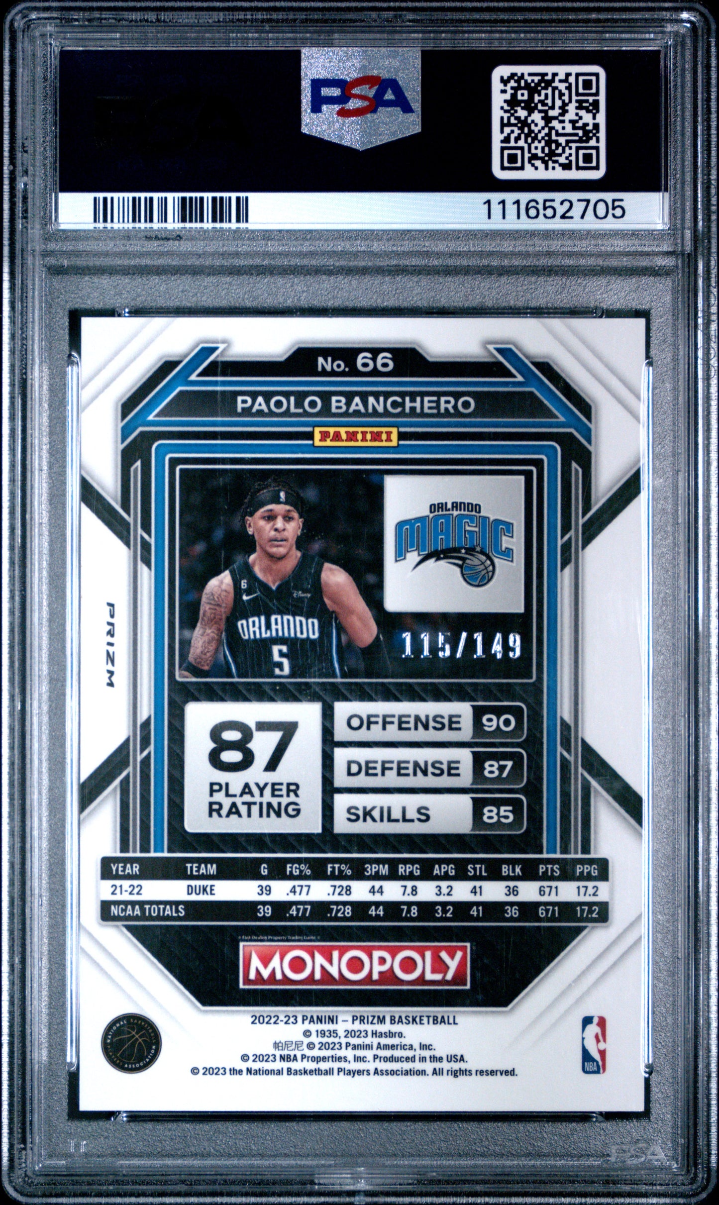 2022 Panini Prizm Monopoly Paolo Banchero #66 Pink /149 PSA 10