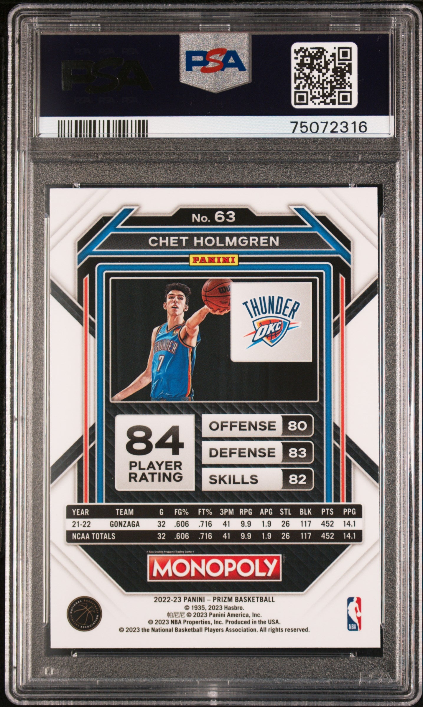 2022 Panini Prizm Monopoly Chet Holmgren #63 PSA 9