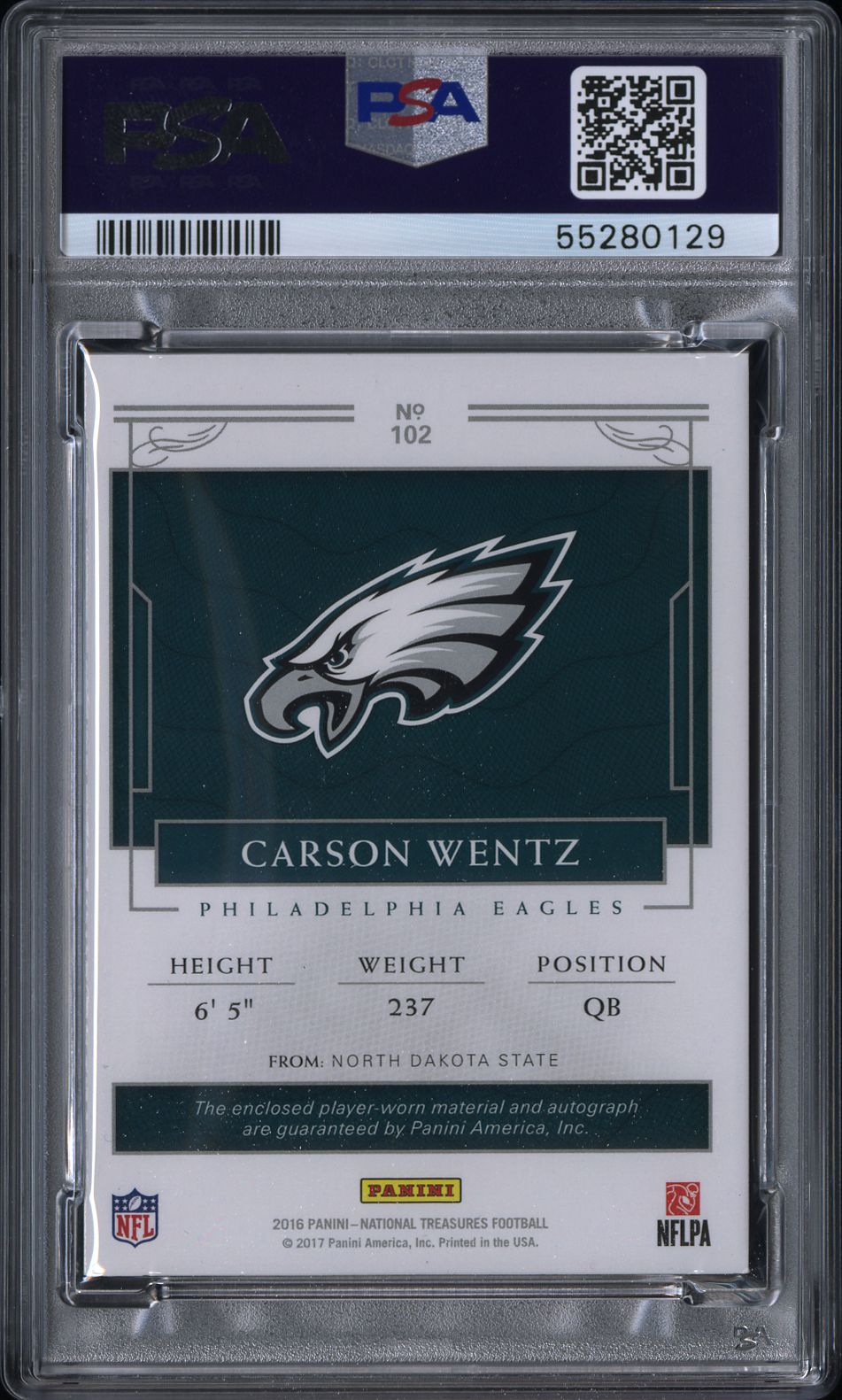 2018 Honors Recollection Collection Carson Wentz Patch Autograph 1/1 PSA 9 RPA