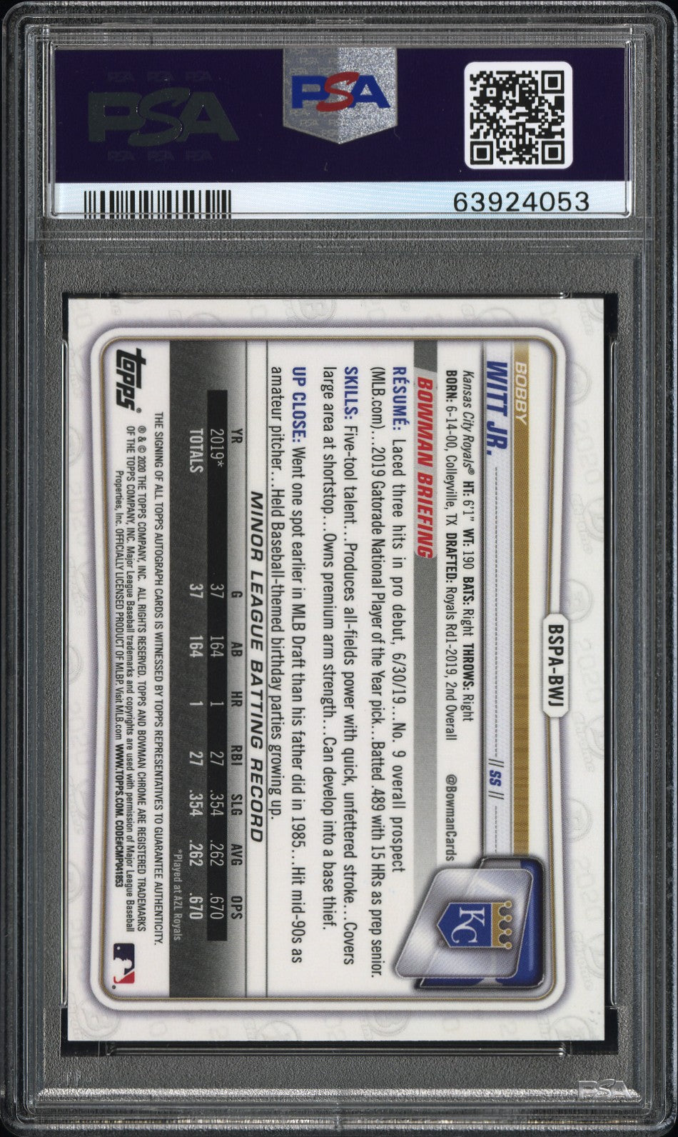 2020 Bowman Chrome Sapphire Edition  Bobby Witt JR. #BSPABWJ  Auto Orange PSA 9