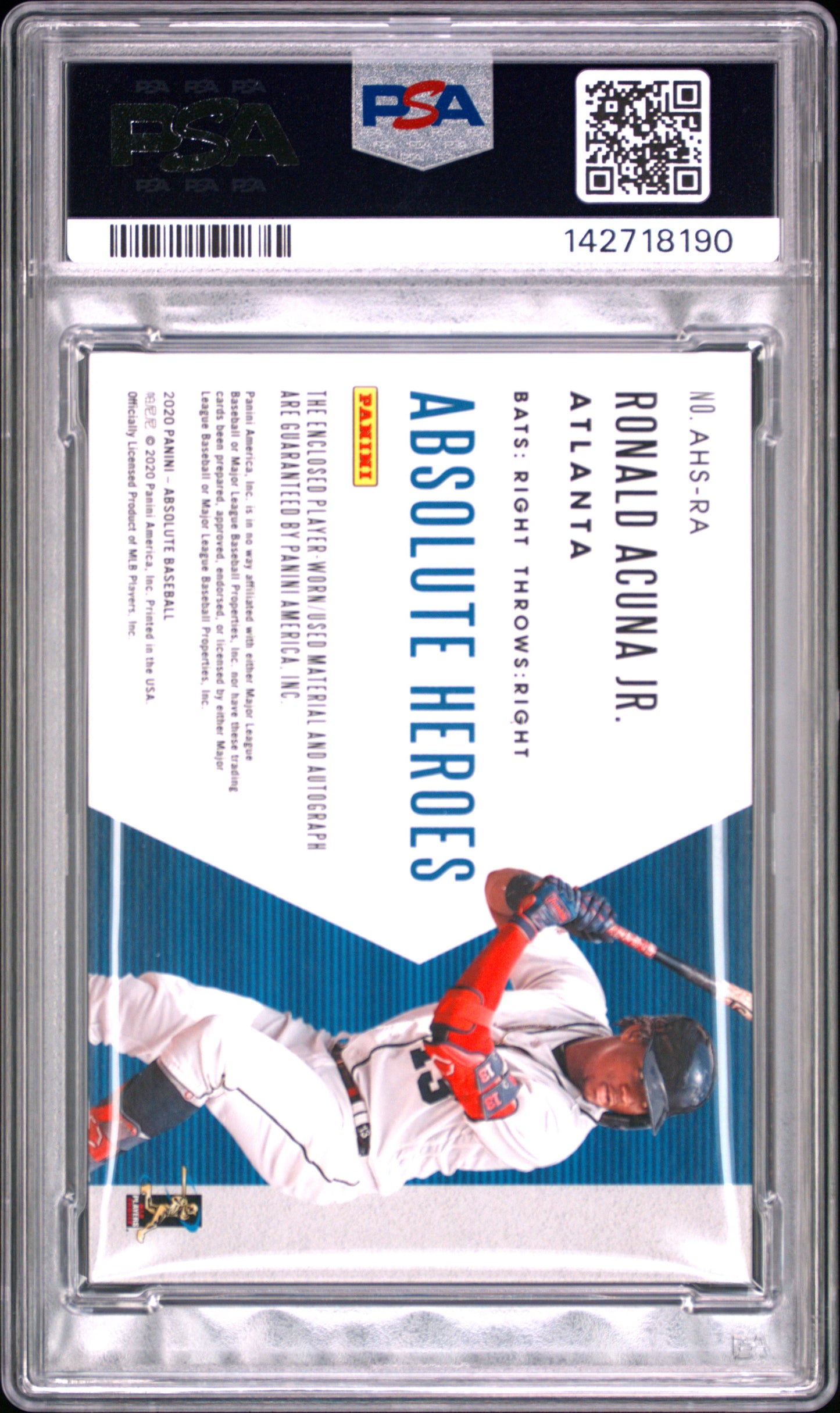 2020 Panini Absolute Absolute Heroes Material Signatures Ronald Acuna JR. #AHSRA Abslt. HR. MT. SG Spctrm. Gold PSA 8