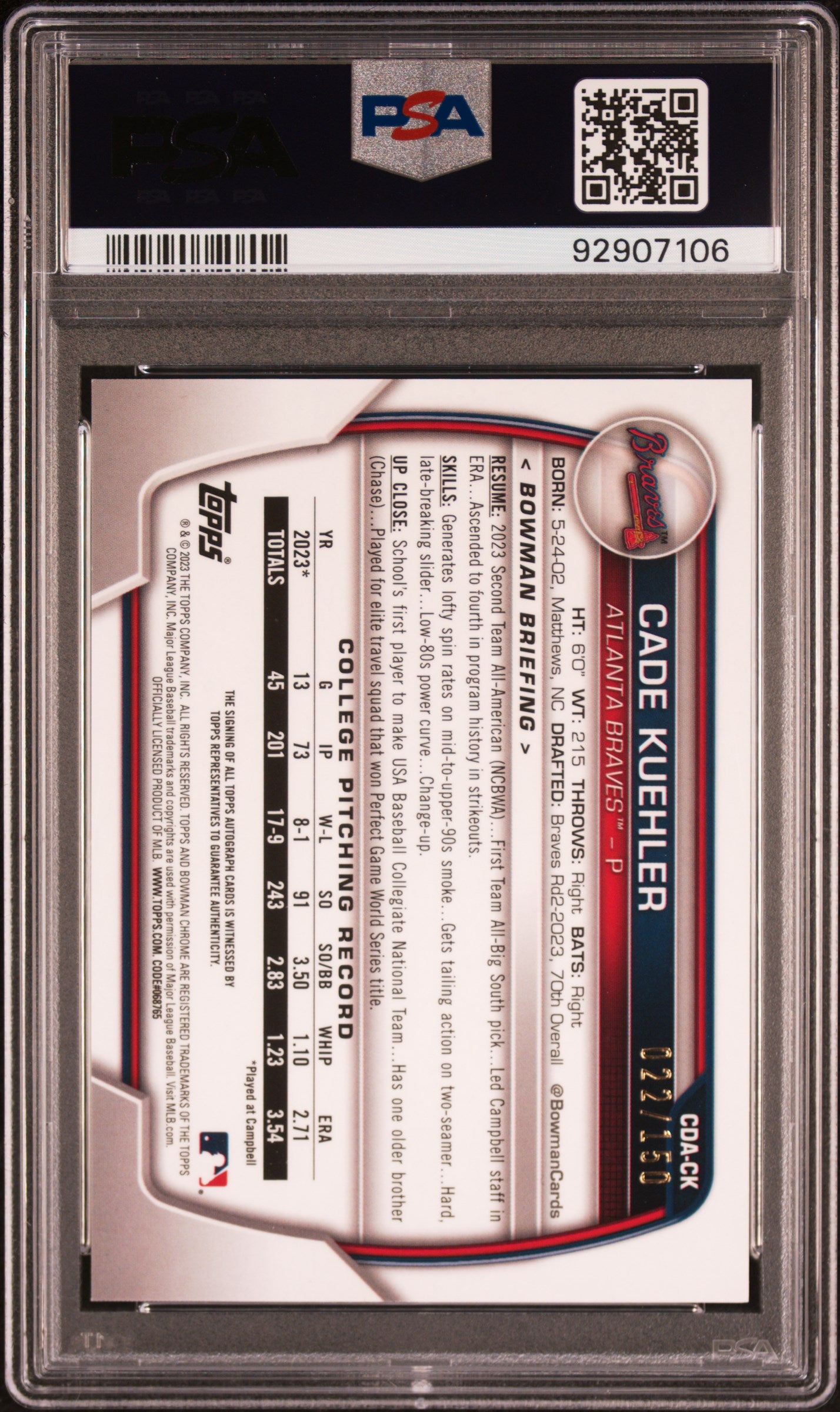 2023 Bowman Draft Chrome Prospect Autograph Cade Kuehler #CDACK Blue Ref 022/150 PSA 9