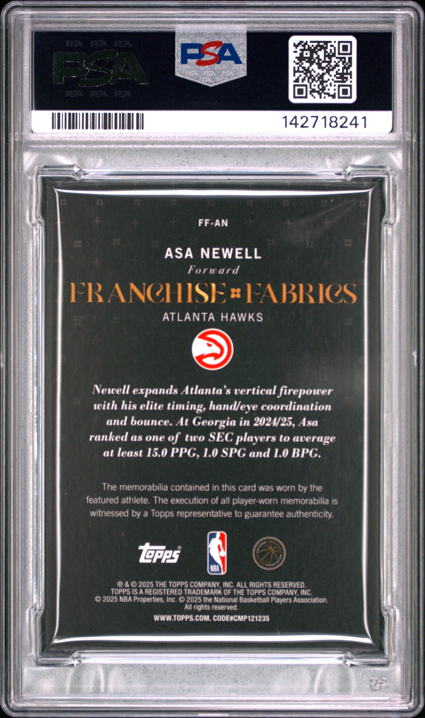 2025 Topps Franchise Fabrics Asa Newell #FF-AN PSA 8