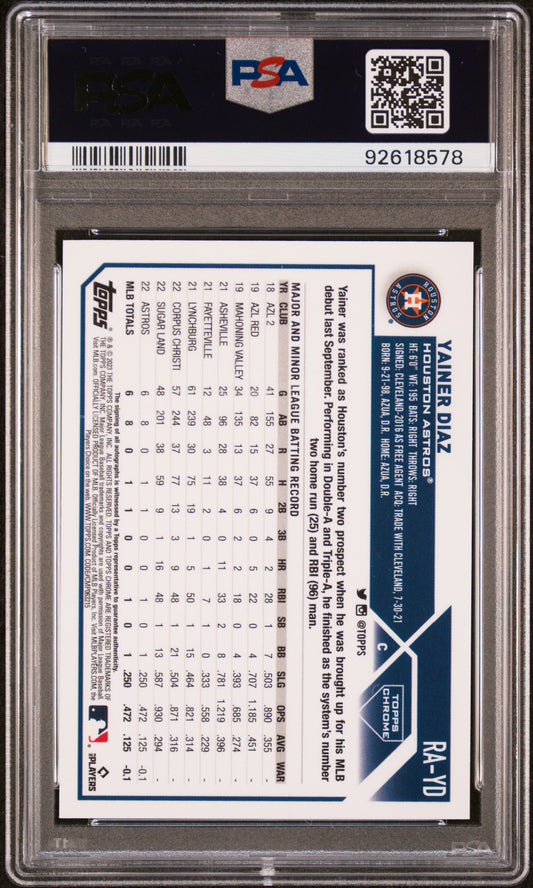 2023 Topps Chrome Rookie Autograph Yainer Diaz #RAYD Green Ref /99 PSA 9