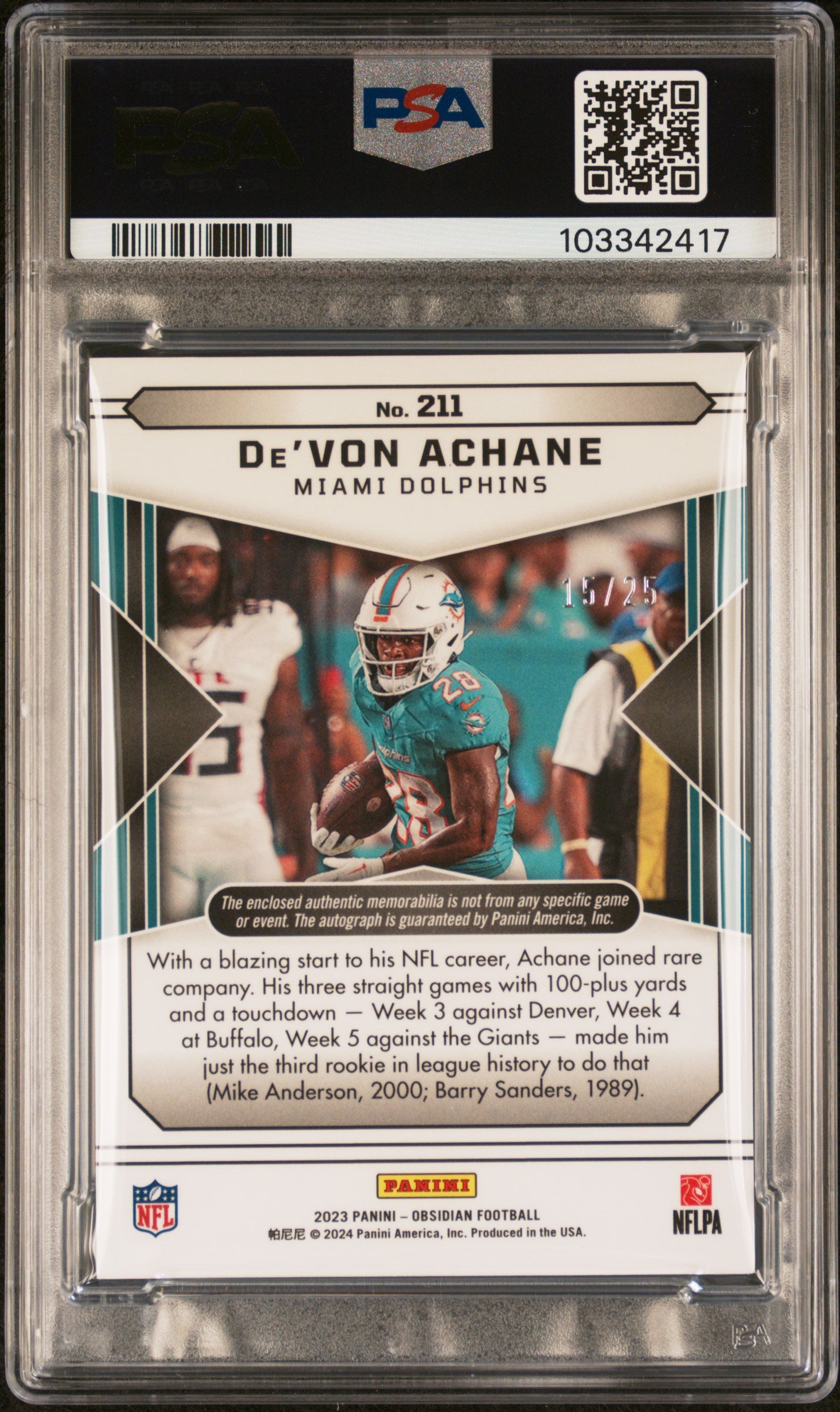 2023 Panini Obsidian De'von Achane #211 Jersey Autograph Ee Green /25 PSA 9
