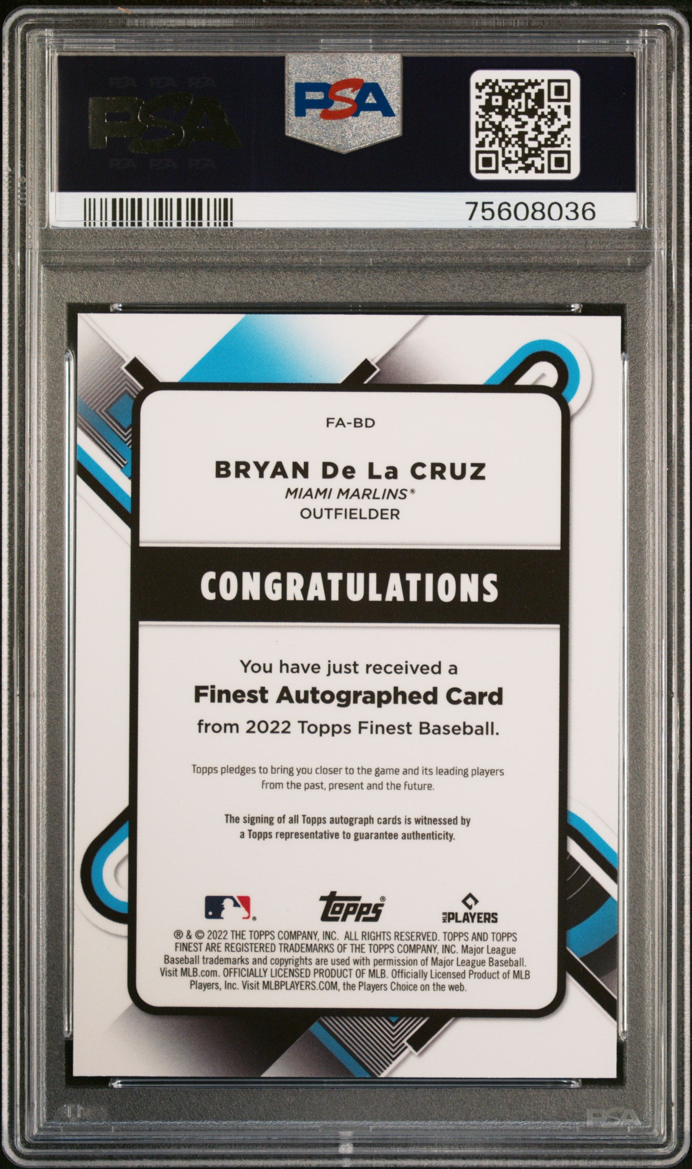 2022 Topps Finest Autographs Bryan De La Cruz #BD /25 Orange Wave PSA 10
