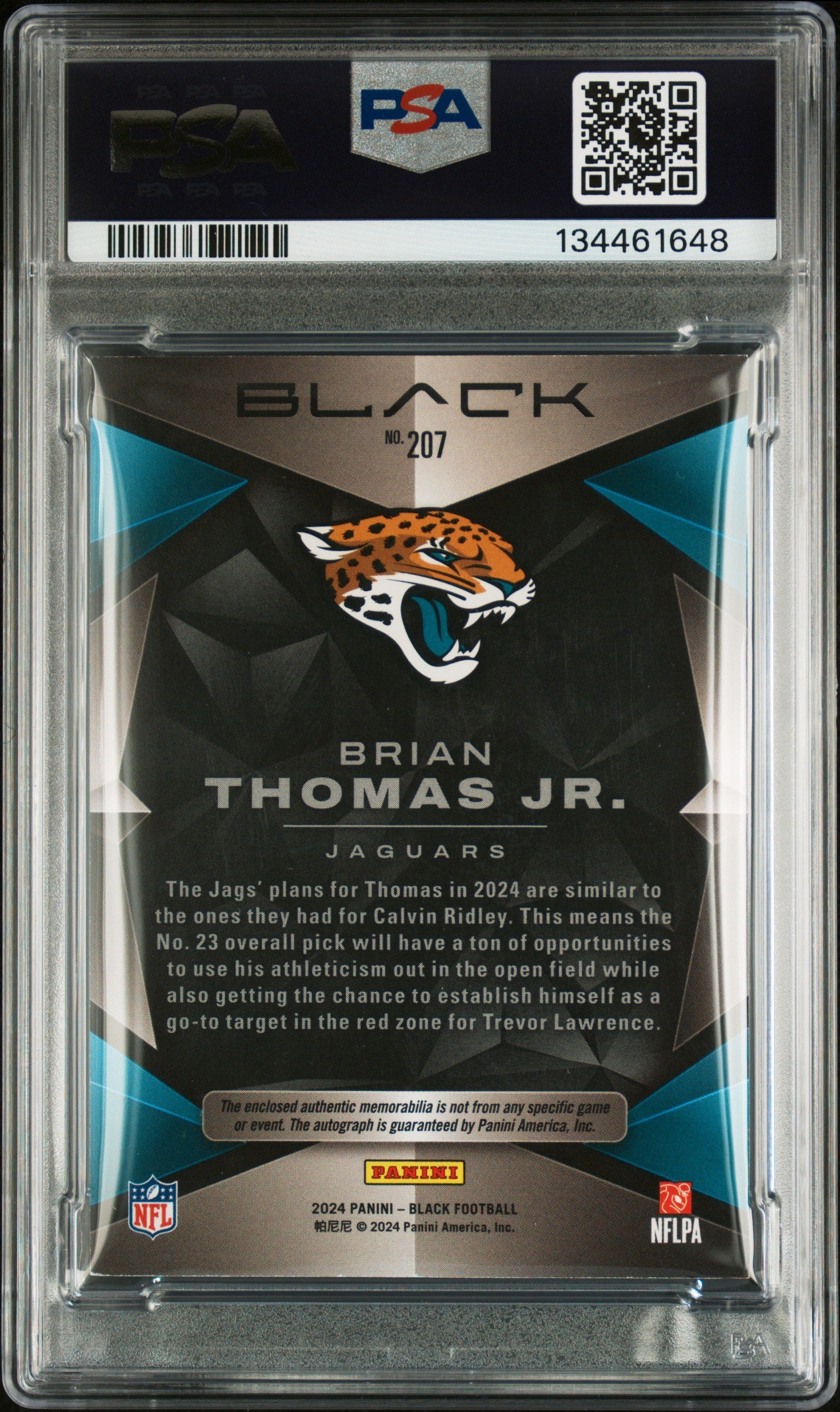 2024 Panini Black Brian Thomas JR. #207 Patch Autograph Ruby /15 PSA 7