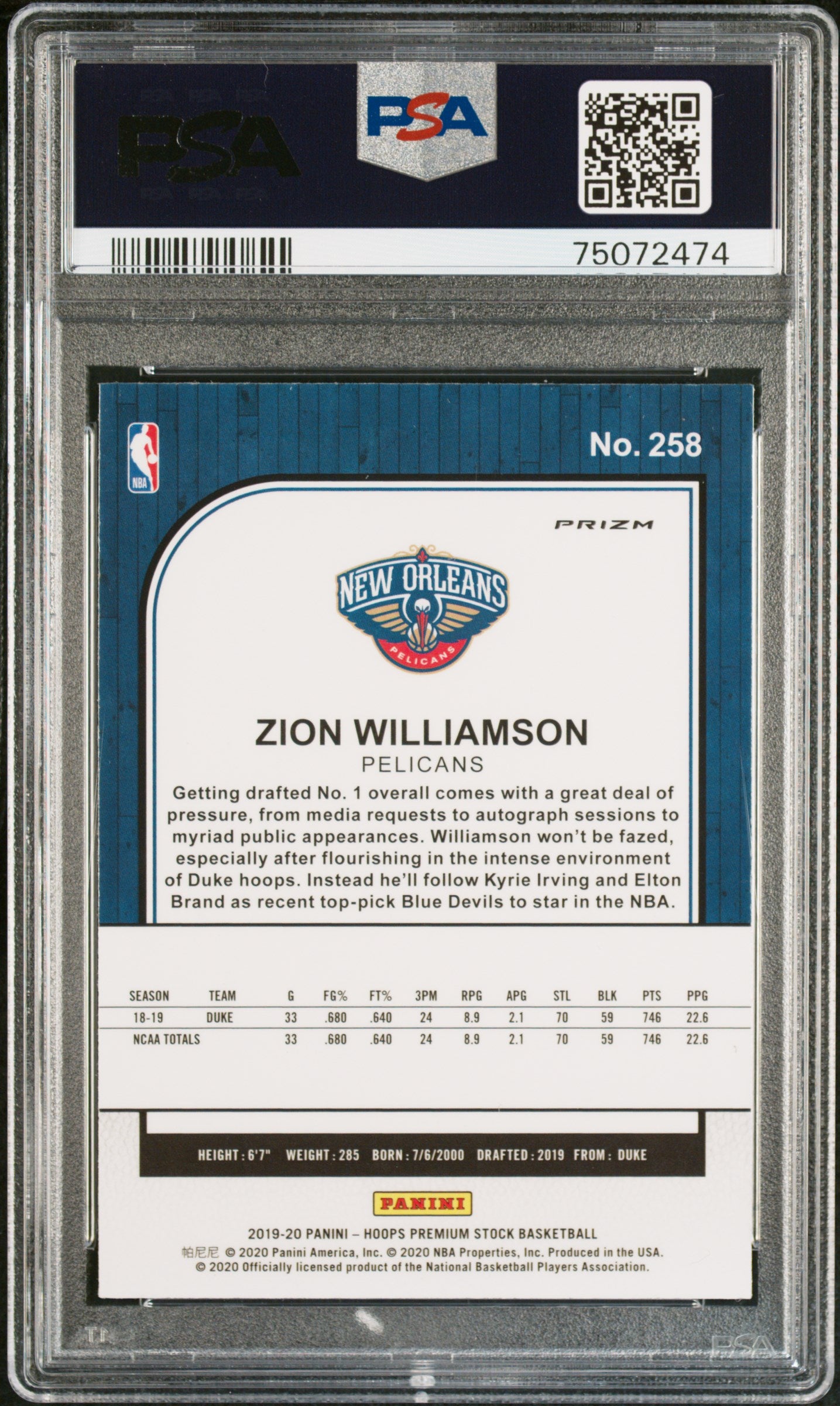 2019 Panini Hoops Premium Stock Zion Williamson #258 Purple Disco PSA 10