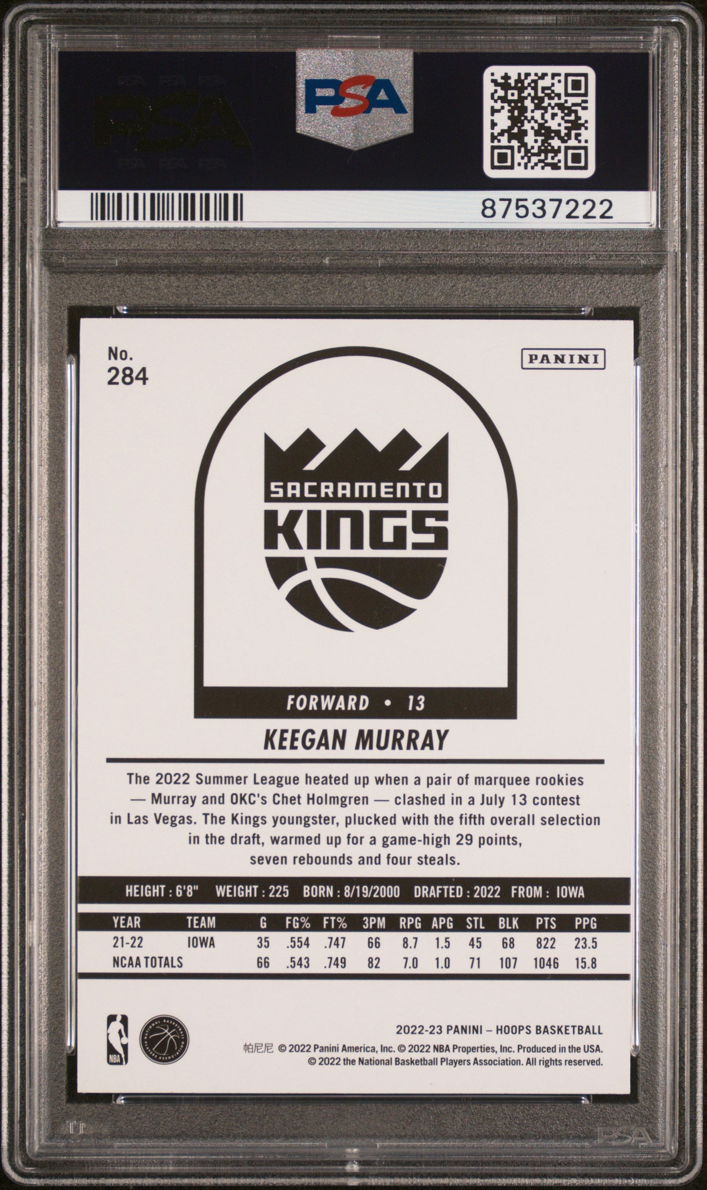 2022 Panini NBA Hoops Keegan Murray #284 Teal Explosion PSA 9