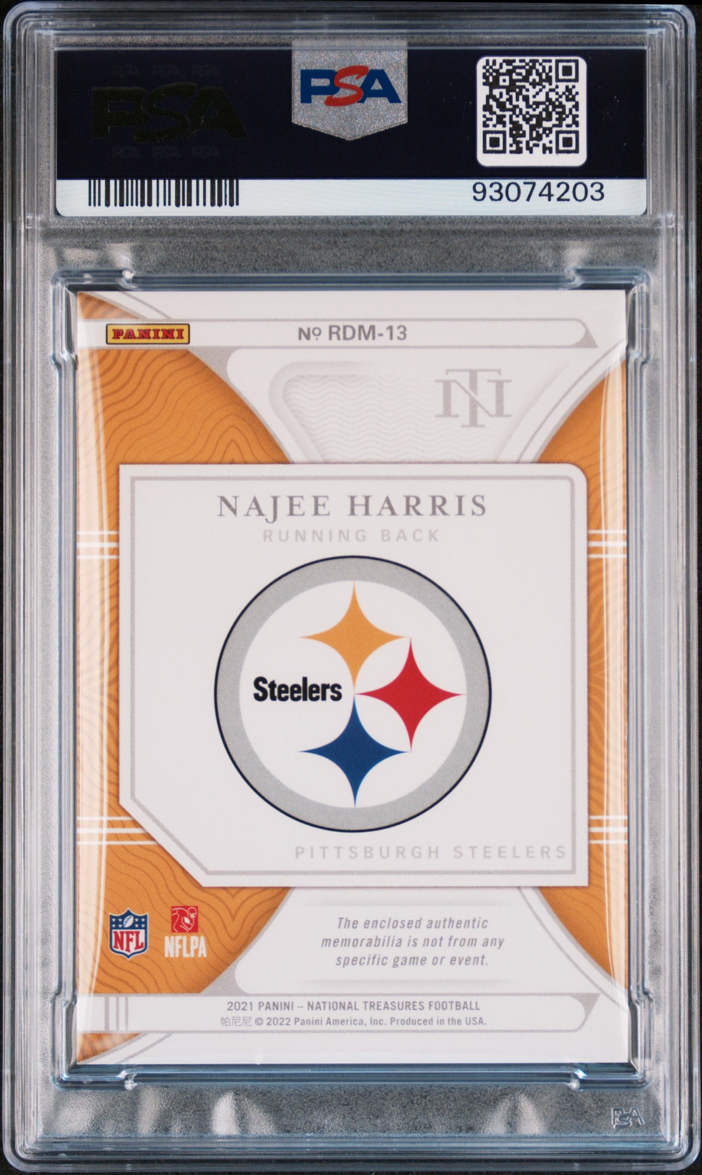 2021 National Treasures Najee Harris #13 Rookie Dual Materials Platinum 1/1 PSA 7