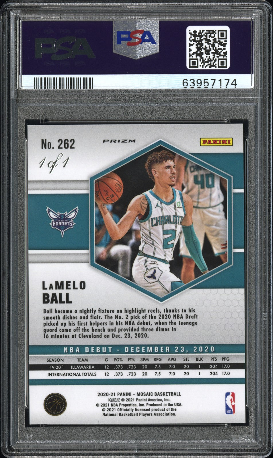 2020 Panini Mosaic Lamelo Ball #262 Black Mosaic Rookie Card 1/1 RC PSA 9