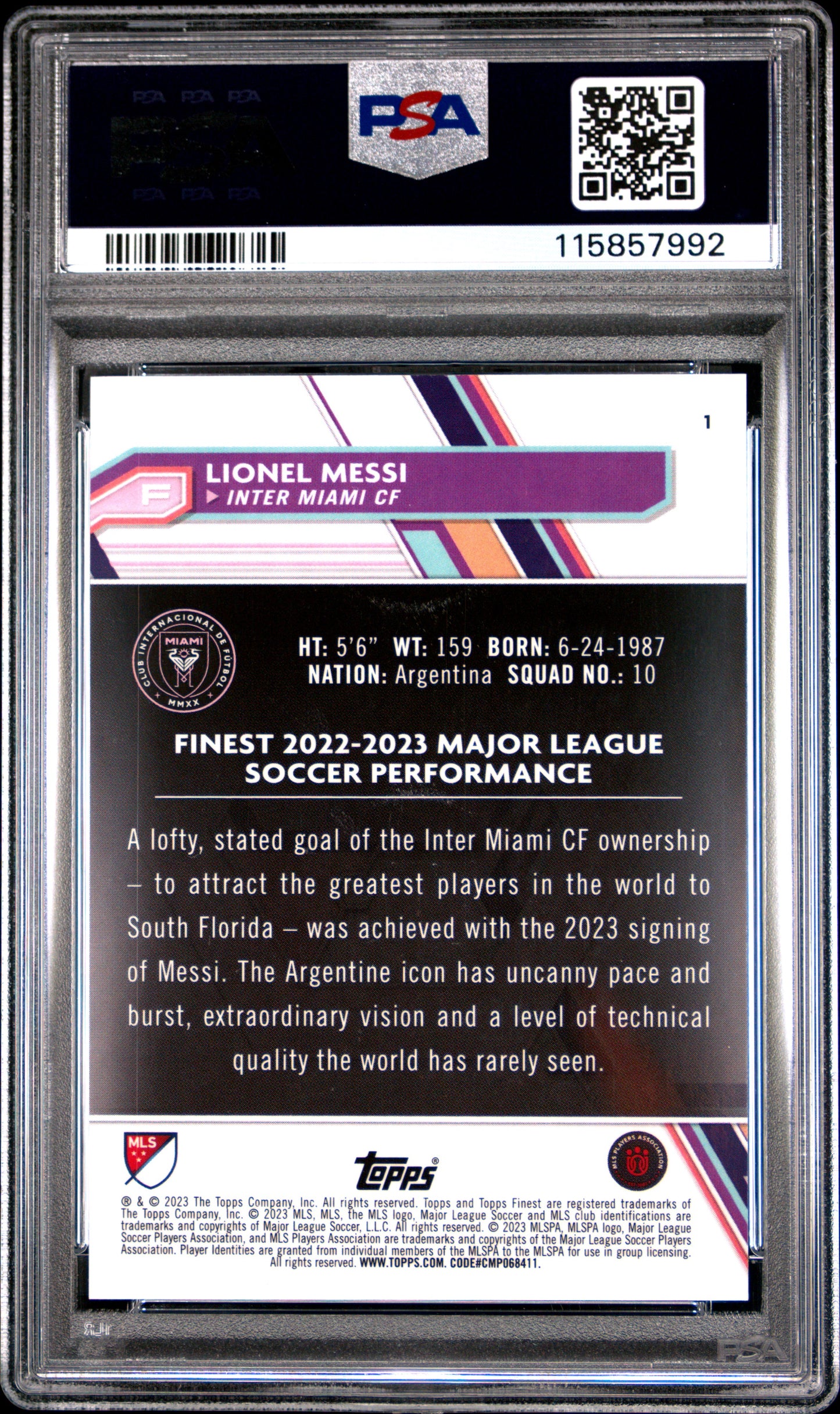 2023 Topps Finest MLS Lionel Messi #1 Blue Refractor PSA 10