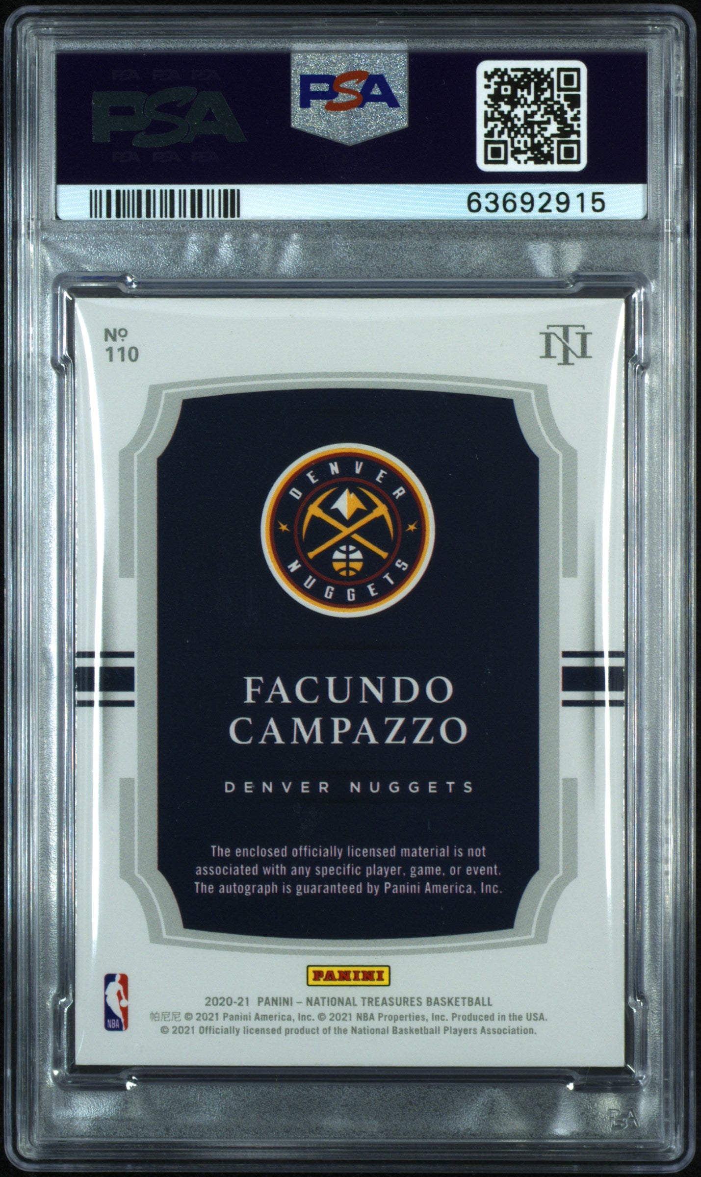 2020 National Treasures Facundo Campazzo #110 Patch Auto RPA PSA 8 Auto 10