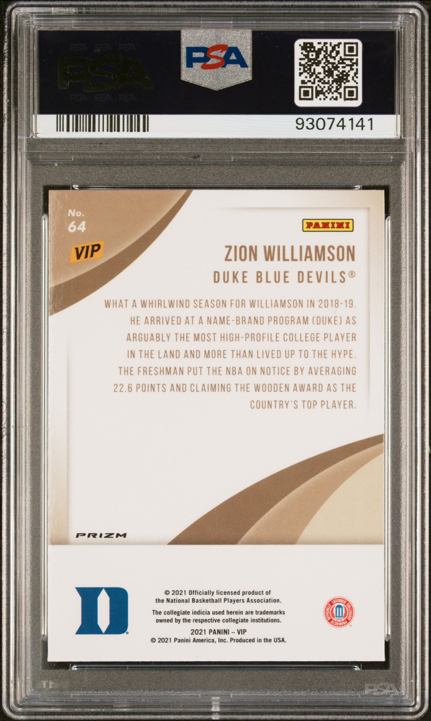 2022 Panini National Vip Zion Williamson #64 Tiger Stripes PSA 10