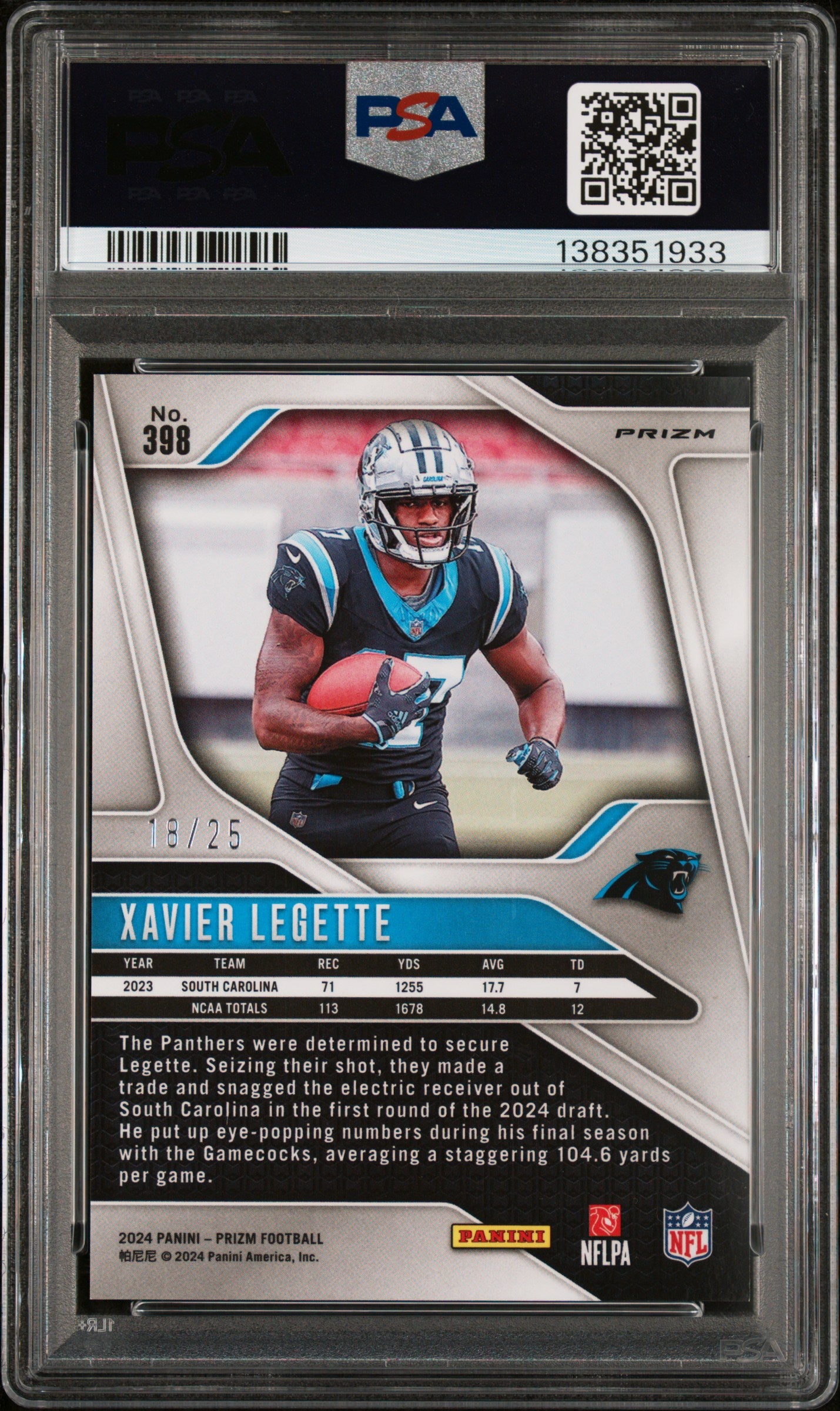 2024 Panini Prizm Xavier Legette #398 Blue Shimmer PSA 10