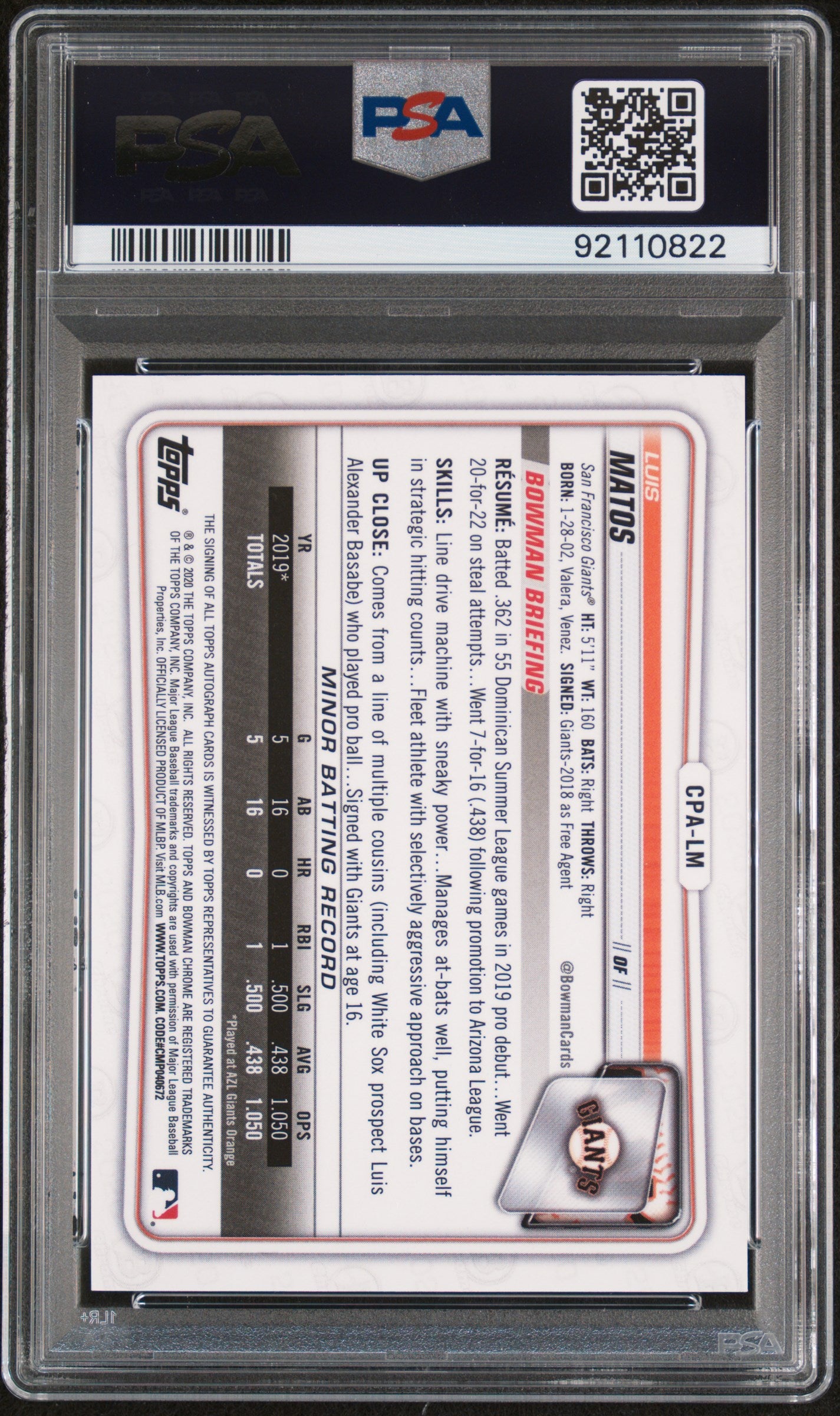 2020 Bowman Chrome Prospect Autographs Luis Matos #CPALM Choice Refractor /150 PSA 10