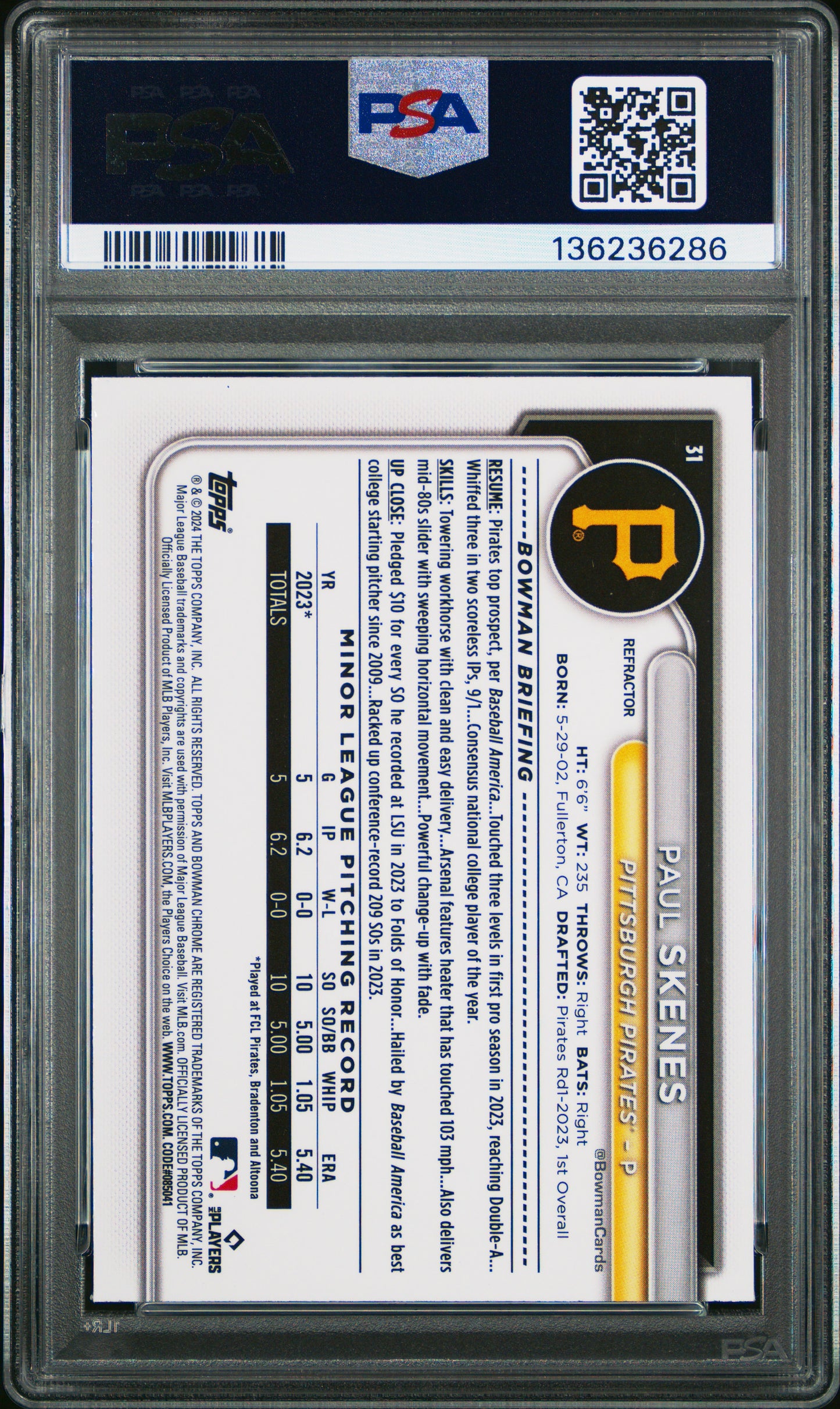 2024 Bowman Chrome Paul Skenes #31 Refractor PSA 9