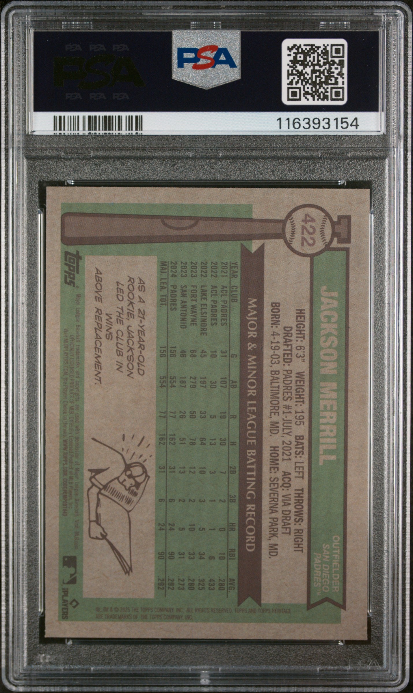 2025 Topps Heritage Jackson Merrill #422 CHR Light Blue Sparkle Ref PSA 9