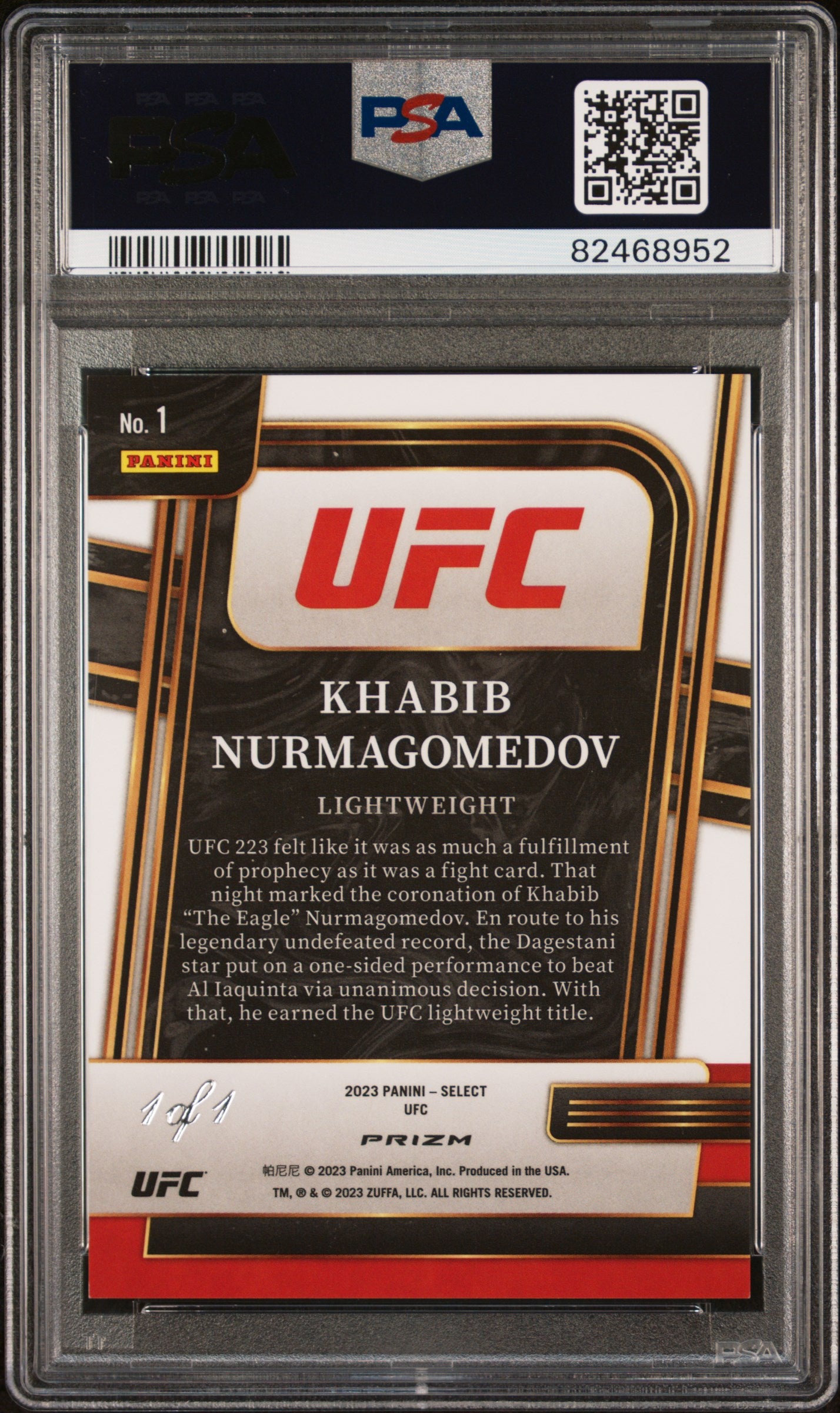 2023 Panini Select UFC Khabib Nurmagomedov #1 And New! Black 1/1 PSA 9