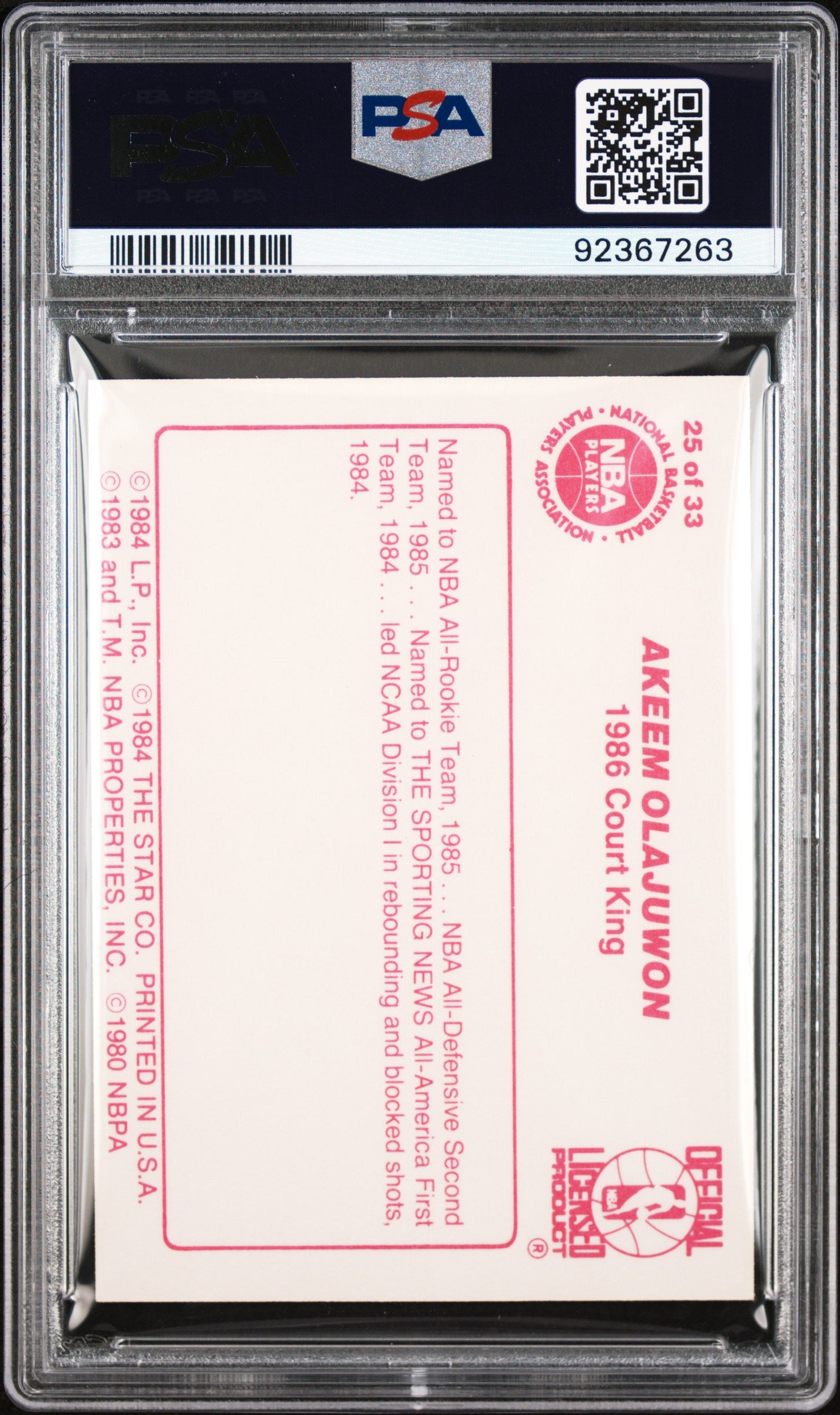 1986 Star Court Kings Akeem Olajuwon #25 PSA 9