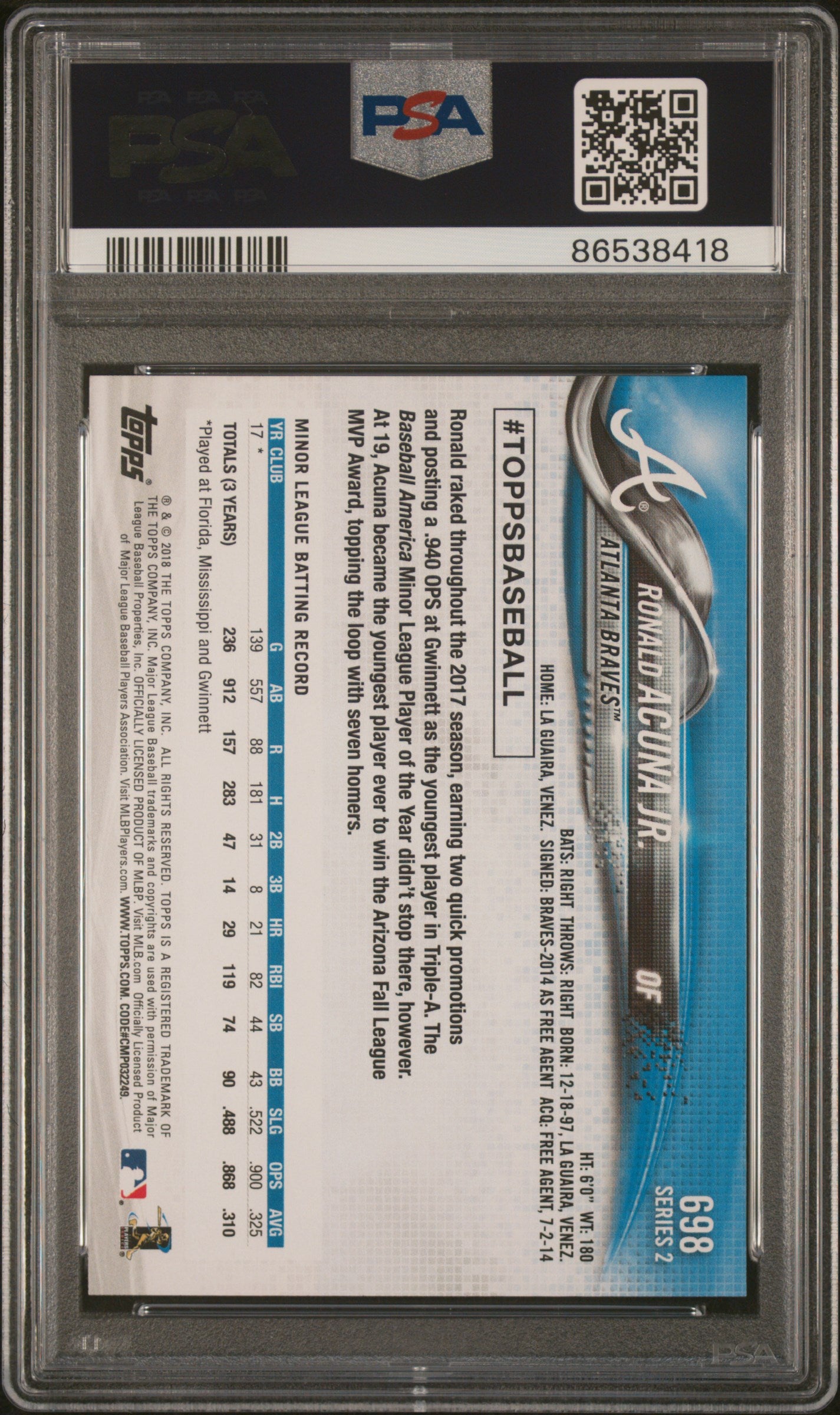 2018 Topps Complete Set Ronald Acuna JR. #698 Bat Point. Up As Game Ed. PSA 10