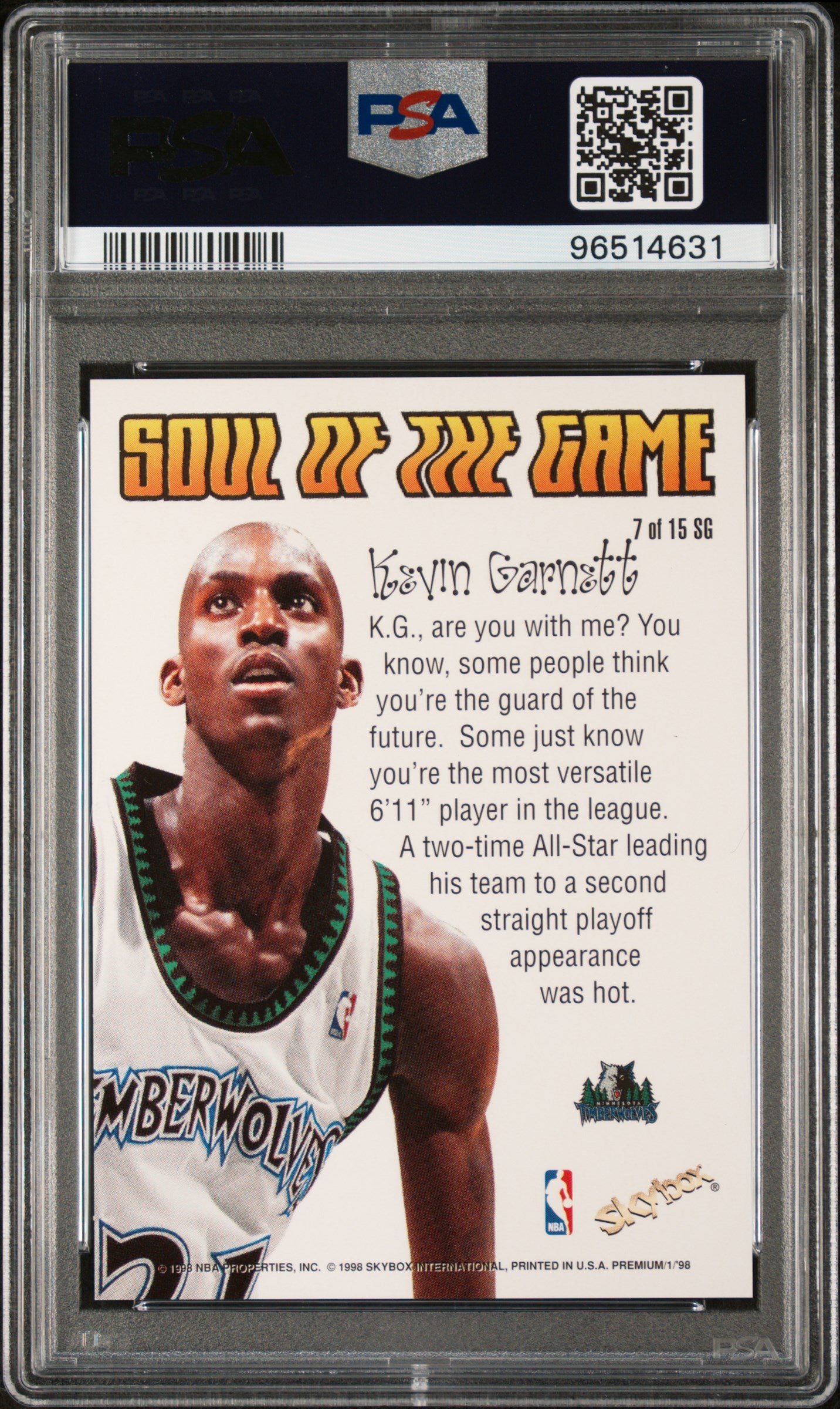 1998 Skybox Premium Soul Of The Game Kevin Garnett #7 PSA 9