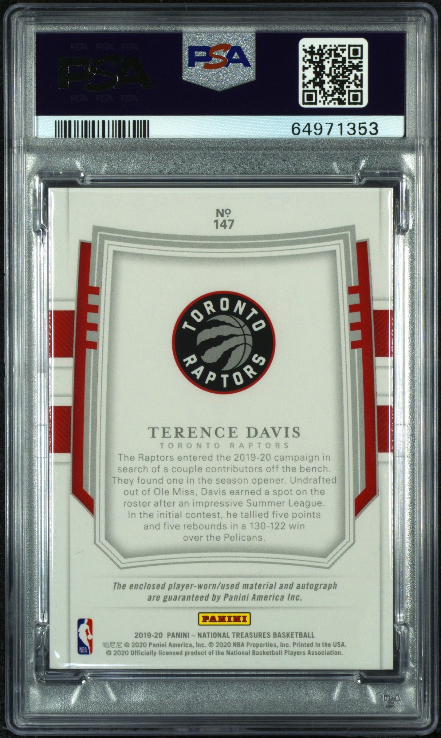 2019 Panini National Treasures Terence Davis #147 Patch Autograph Gold PSA 10