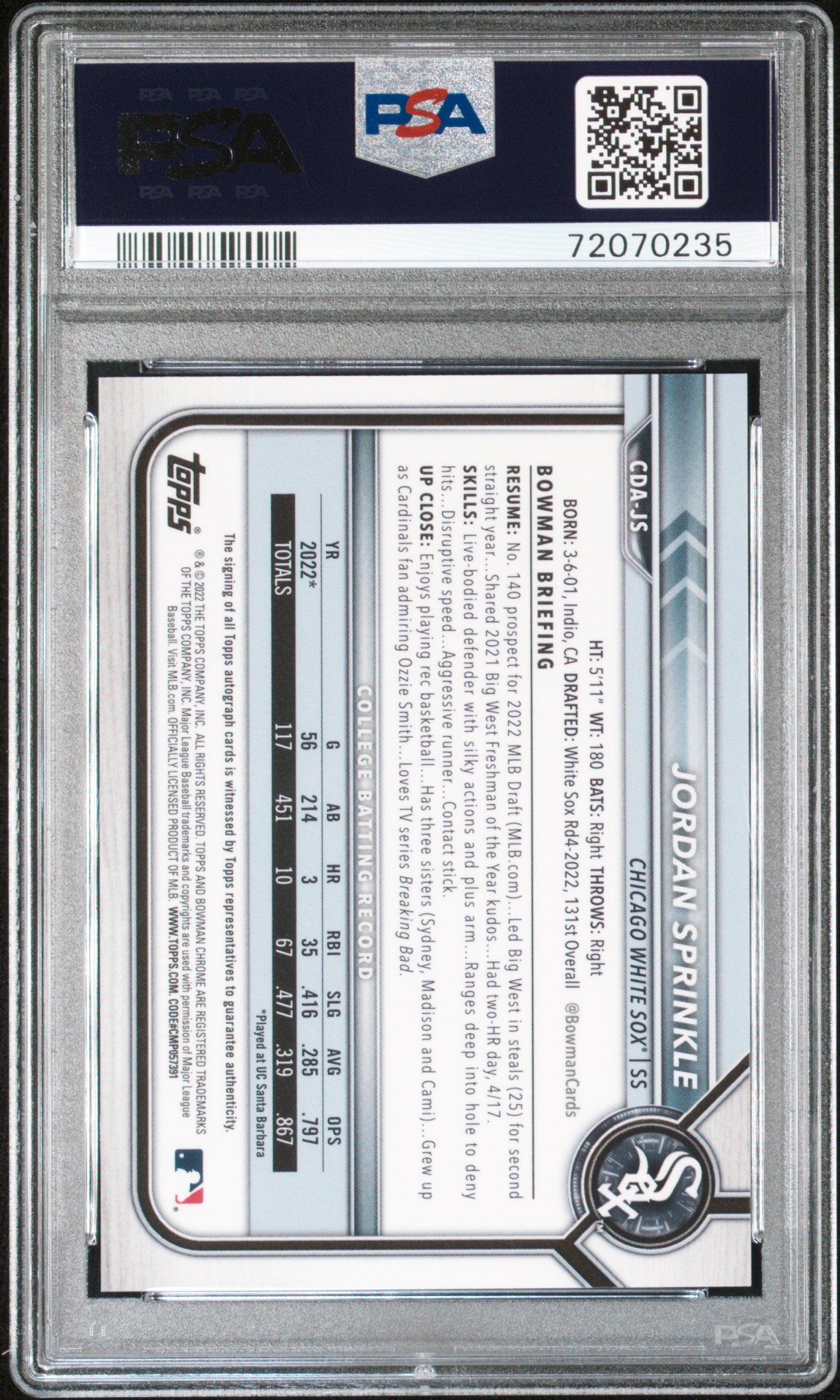 2022 Bowman Chrome Draft Pick Auto Jordan Sprinkle Gold Wave Refractor /50 PSA 10