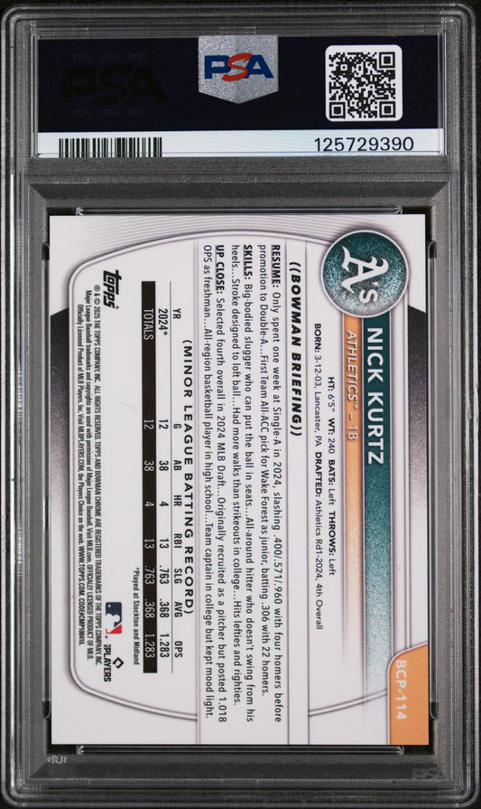 2025 Bowman Chrome Prospects Nick Kurtz #BCP114 Purple Raywave PSA 10