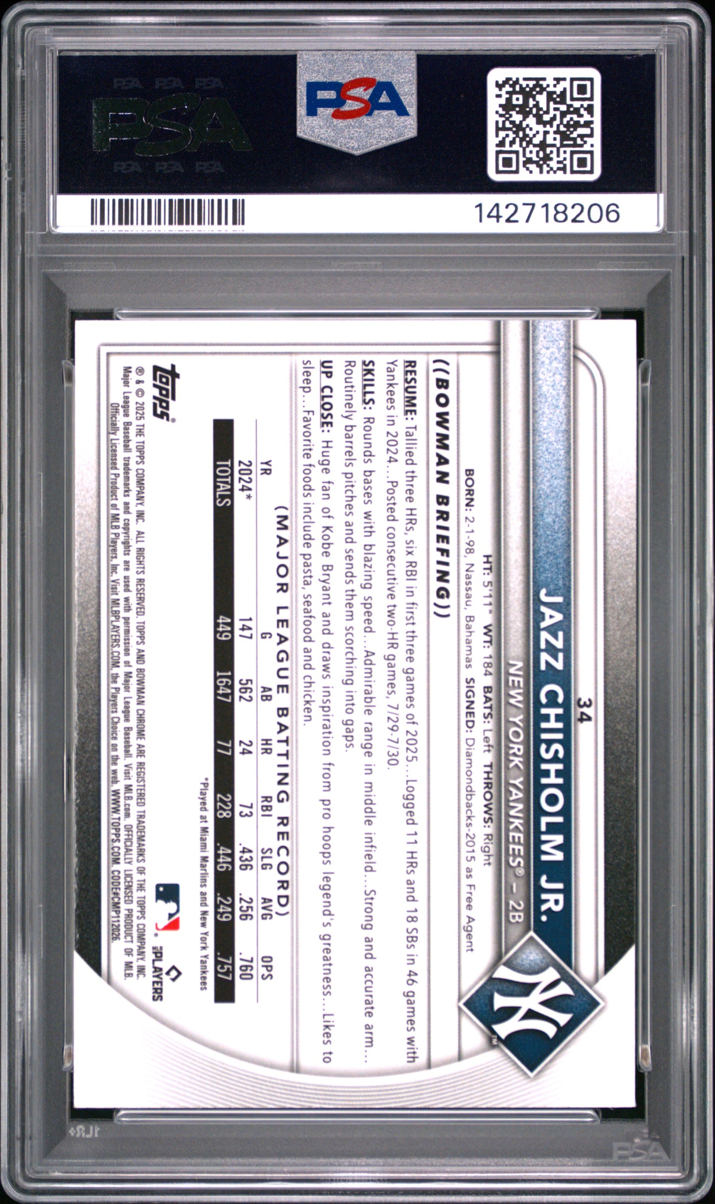 2025 Bowman Chrome Jazz Chisholm JR. #34 Blue Refractor PSA 10