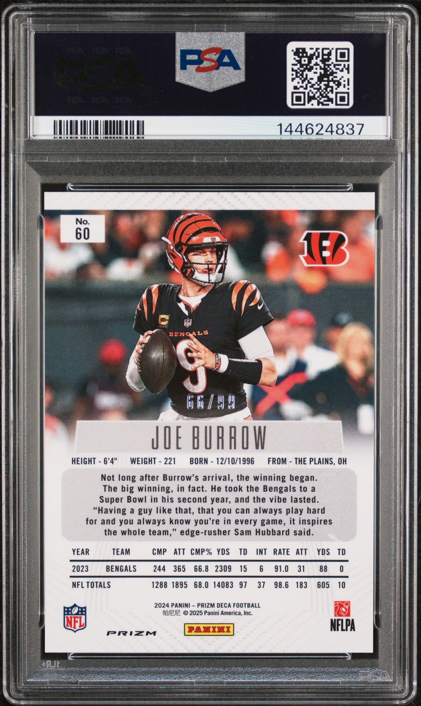 2024 Panini Prizm Deca Joe Burrow #60 Purple PSA 8
