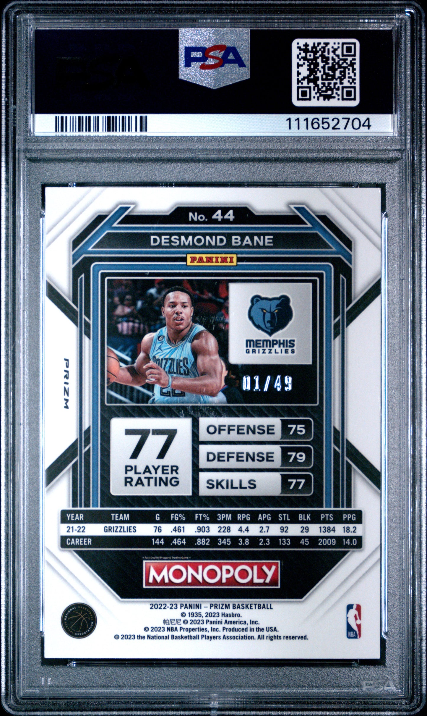 2022 Panini Prizm Monopoly Desmond Bane #44 Gold PSA 10