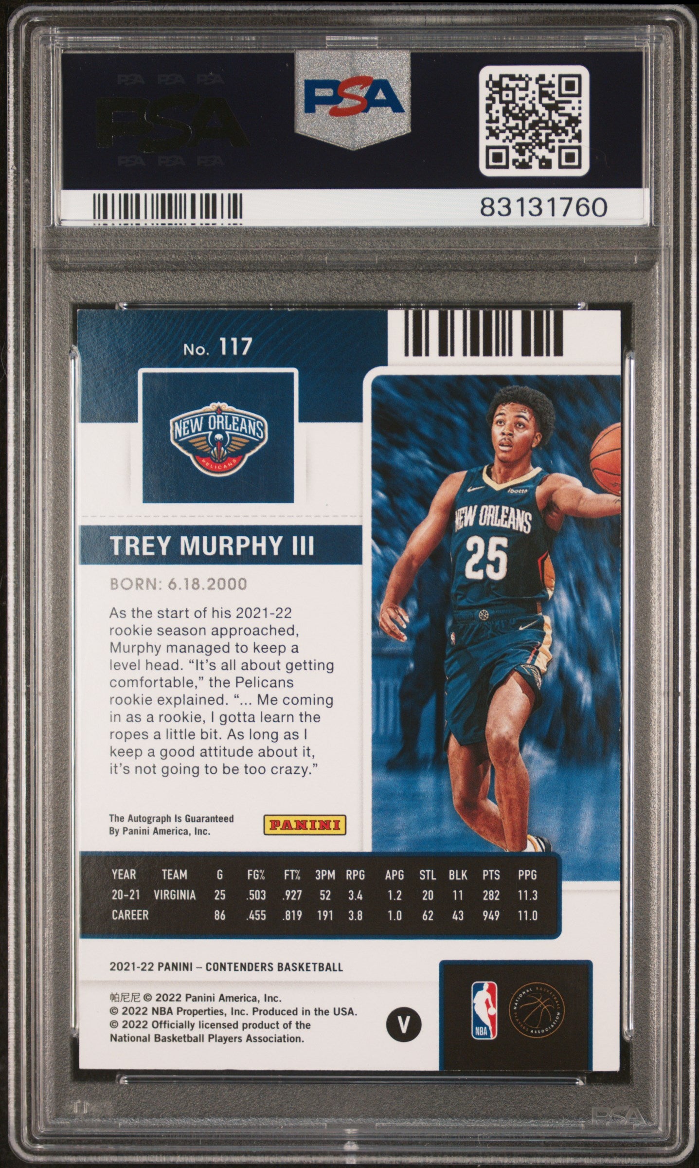 2021 Panini Contenders Trey Murphy III #117 Varsity Auto Playoff PSA 8 Auto 10