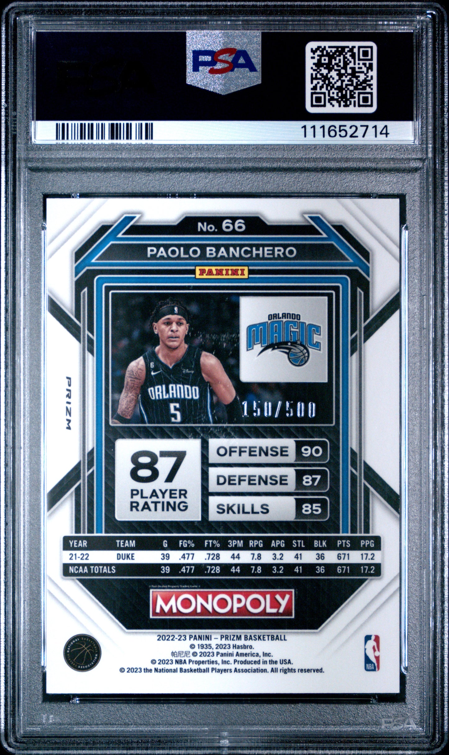 2022 Panini Prizm Monopoly Paolo Banchero #66 Gold Money Shimmer /500 PSA 9