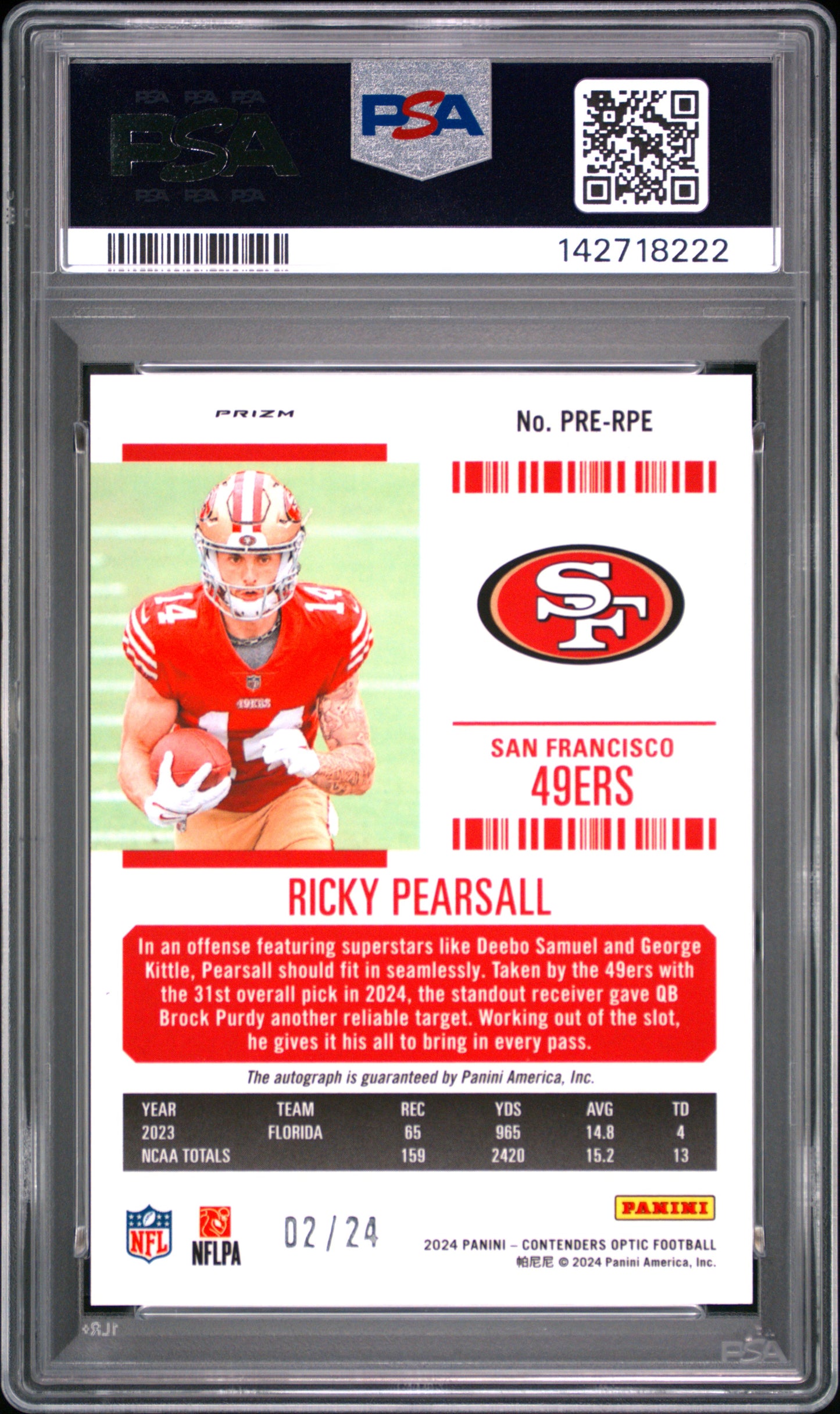 2024 Panini Zenith Contenders Optic Rookie Ticket RPS Preview Autographs Ricky Pearsall #PRERPE Cor TKT Red /24 PSA 10