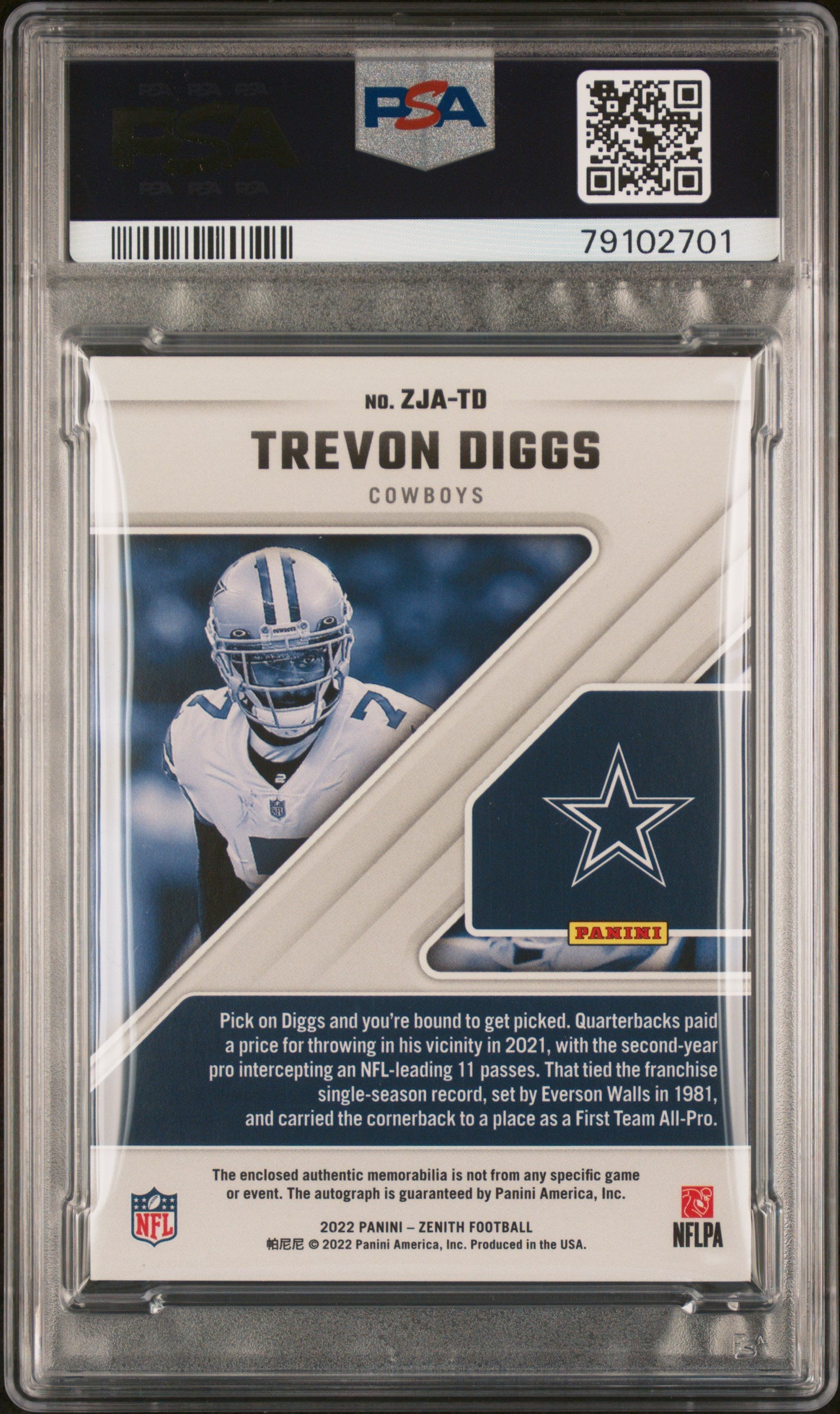 2022 Panini Zenith Z-Jersey Autographs Trevon Diggs #ZJATD Gold PSA 9 Auto 9