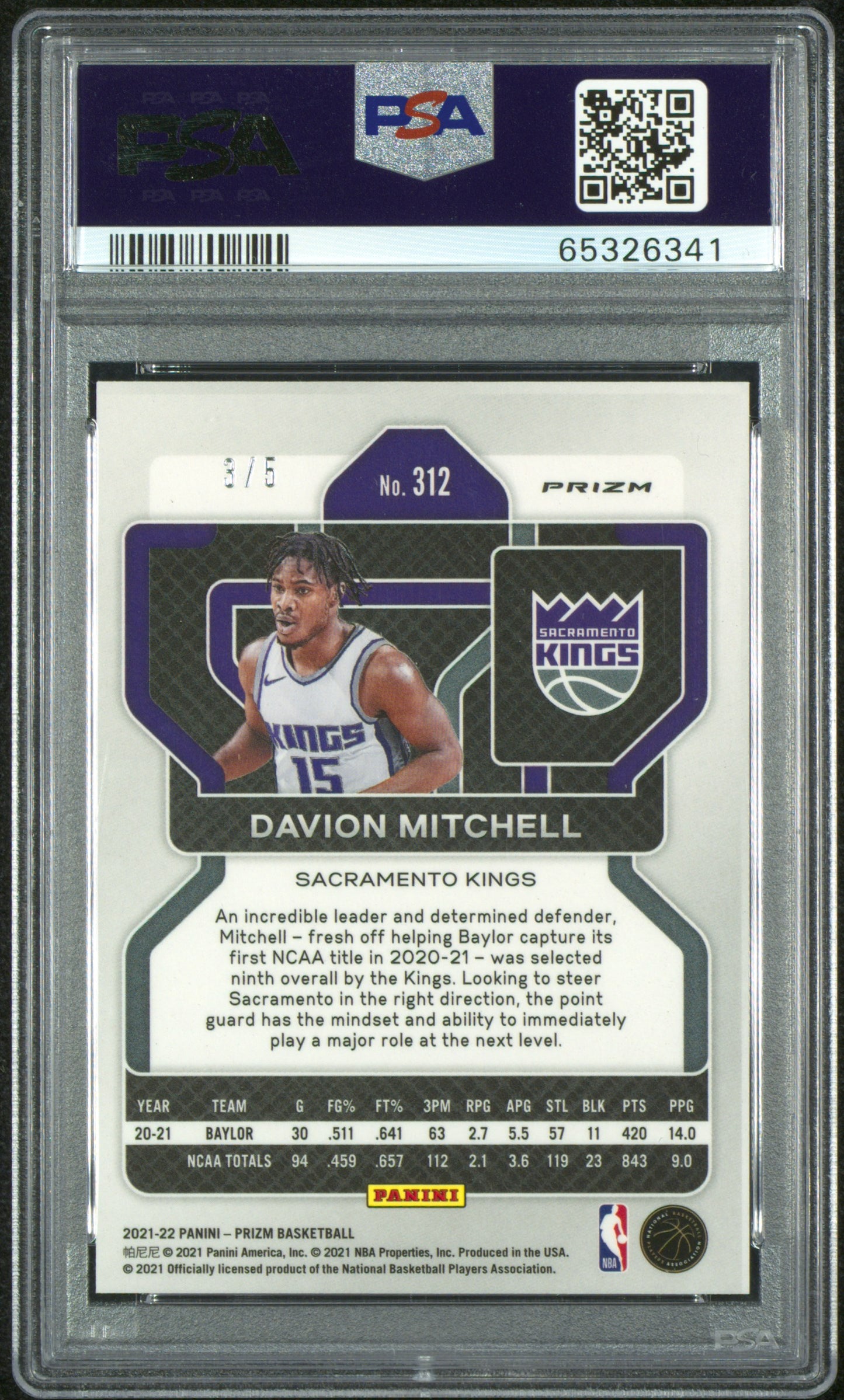2021 Panini Prizm Davion Mitchell #312 Black Gold /5 PSA 9