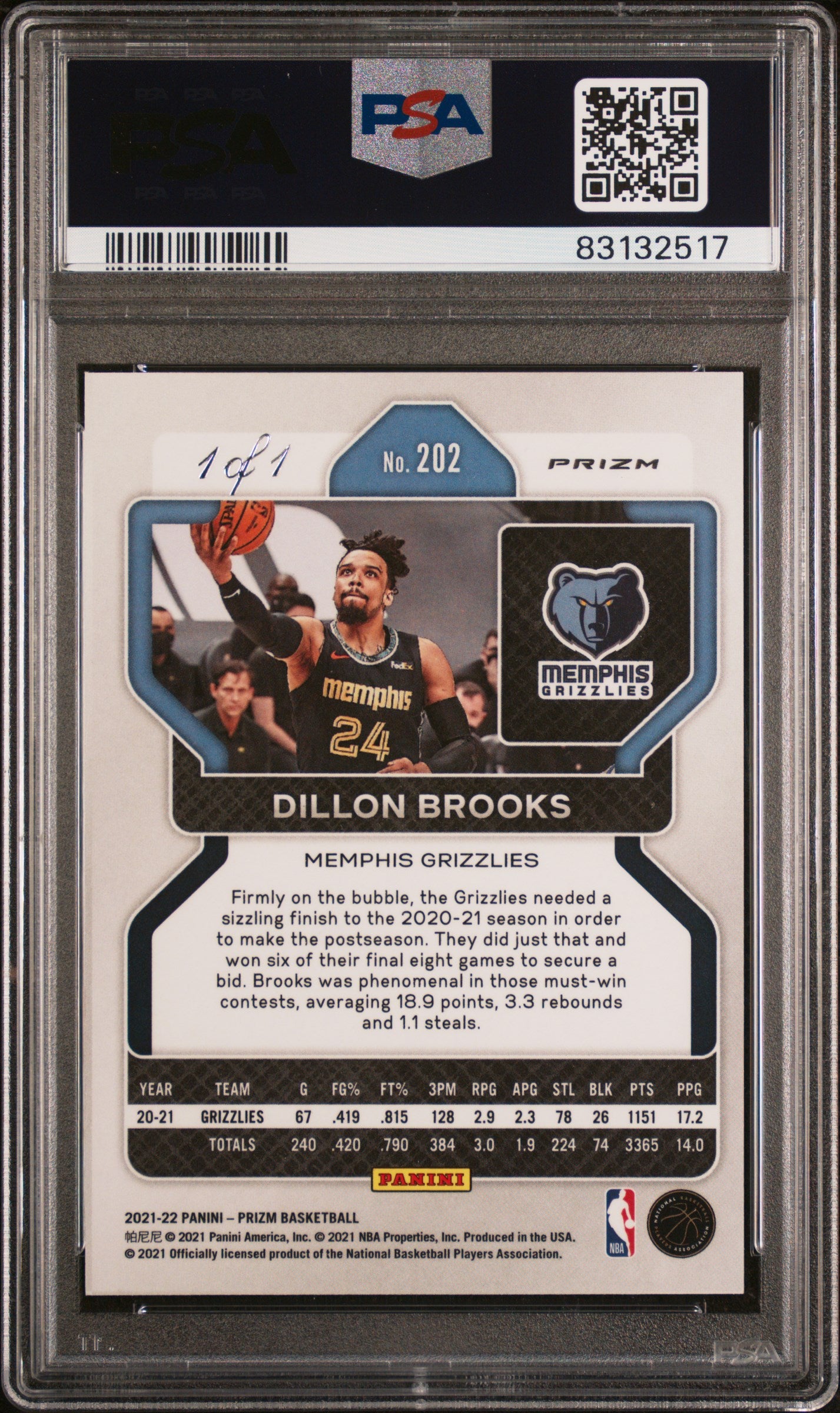 2021 Panini Prizm Dillon Brooks #202 Black Shimmer 1/1 PSA 10